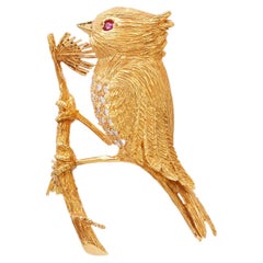 Mid-Century Boucheron French Diamond Ruby 18k Yellow Gold Bird Brooch