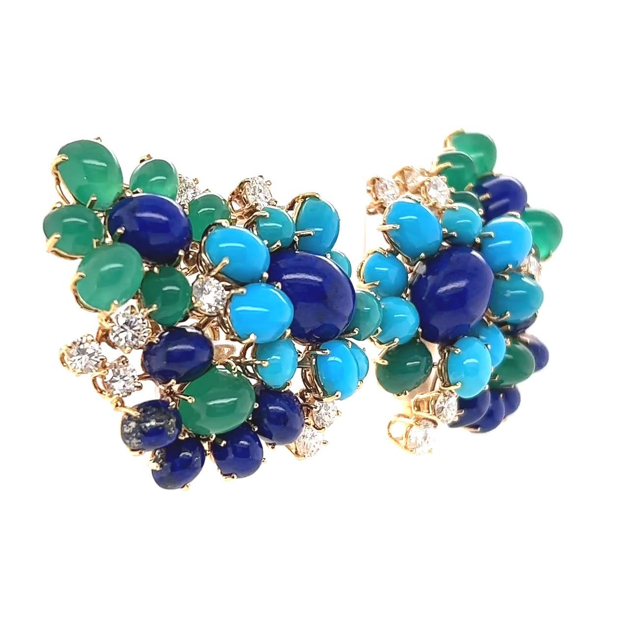 Mid-Century Boucheron Paris Diamond Lapis Turquoise Chrysoprase Gold Ear-Clips In Excellent Condition In Beverly Hills, CA