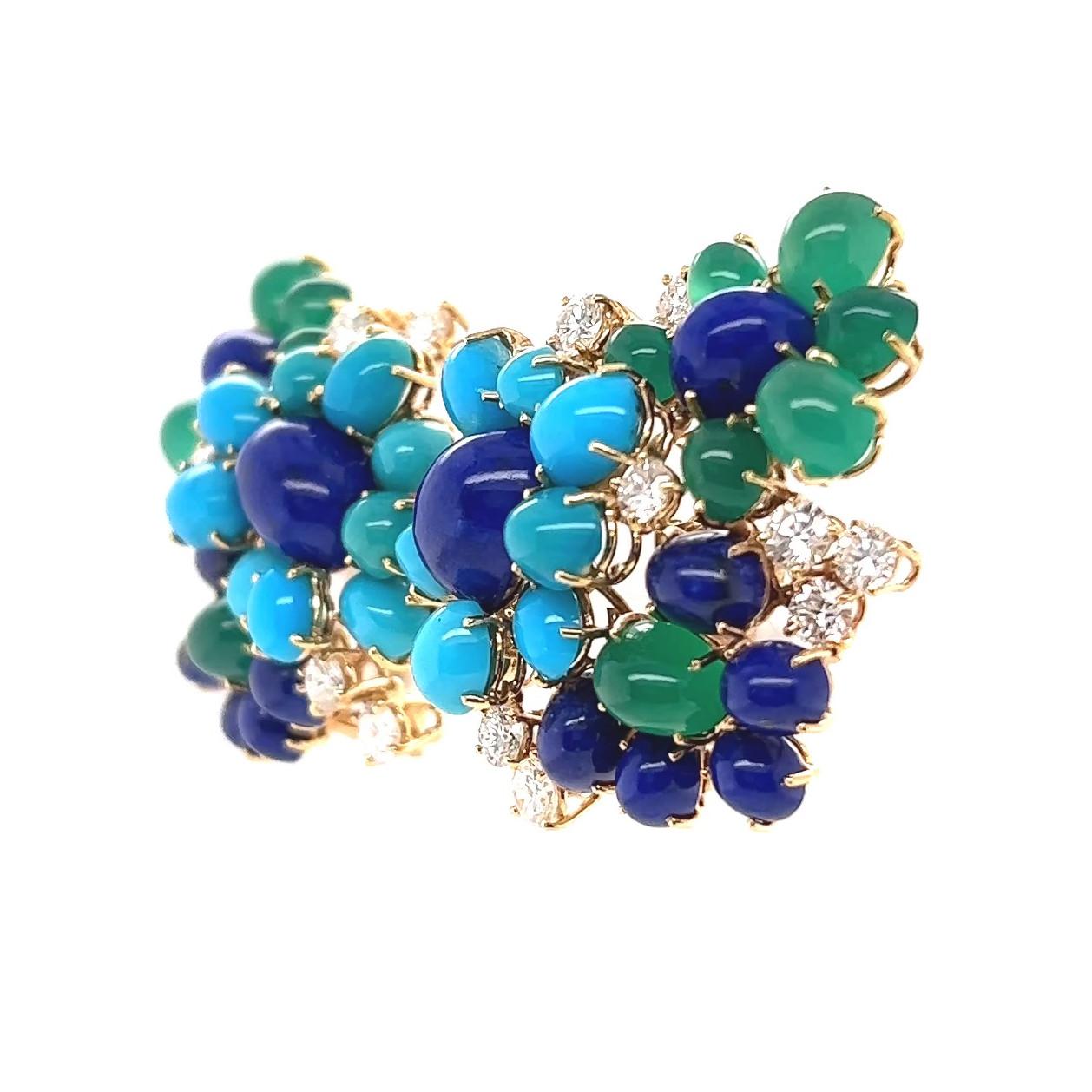 Women's or Men's Mid-Century Boucheron Paris Diamond Lapis Turquoise Chrysoprase Gold Ear-Clips