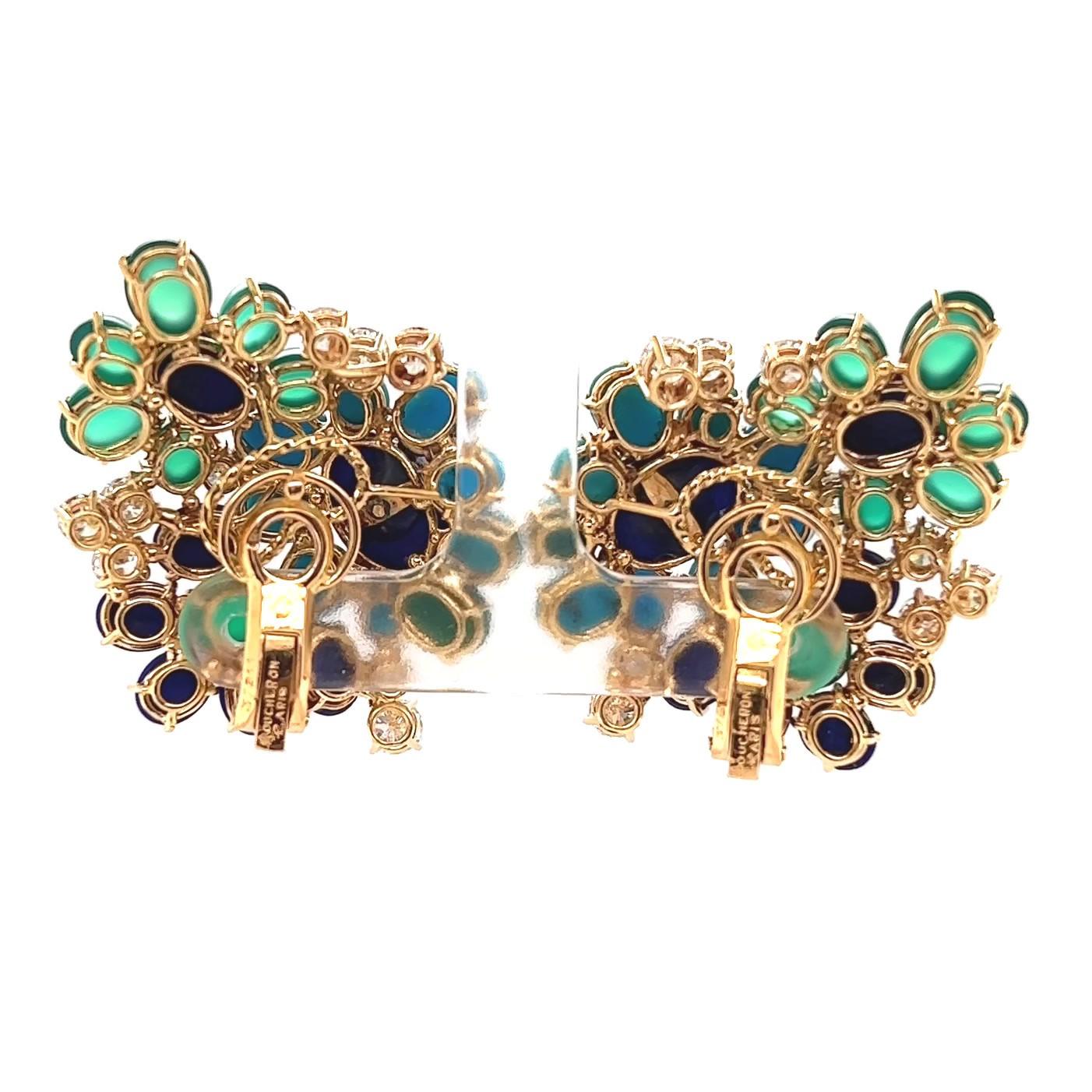 Mid-Century Boucheron Paris Diamond Lapis Turquoise Chrysoprase Gold Ear-Clips 1