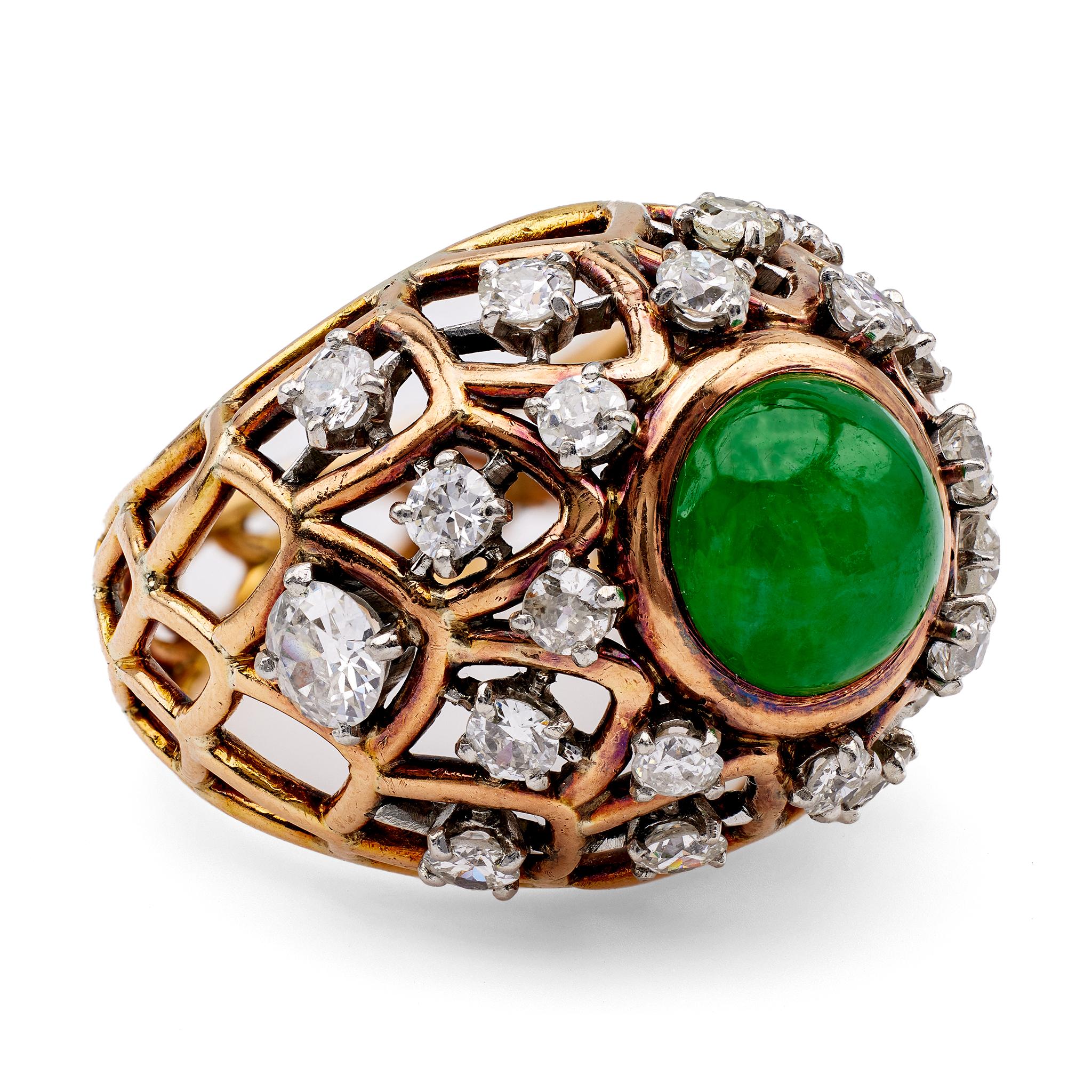 Mid Century Boucheron Paris Jadeite and Diamond 18k Gold Bombé Ring In Good Condition In Beverly Hills, CA