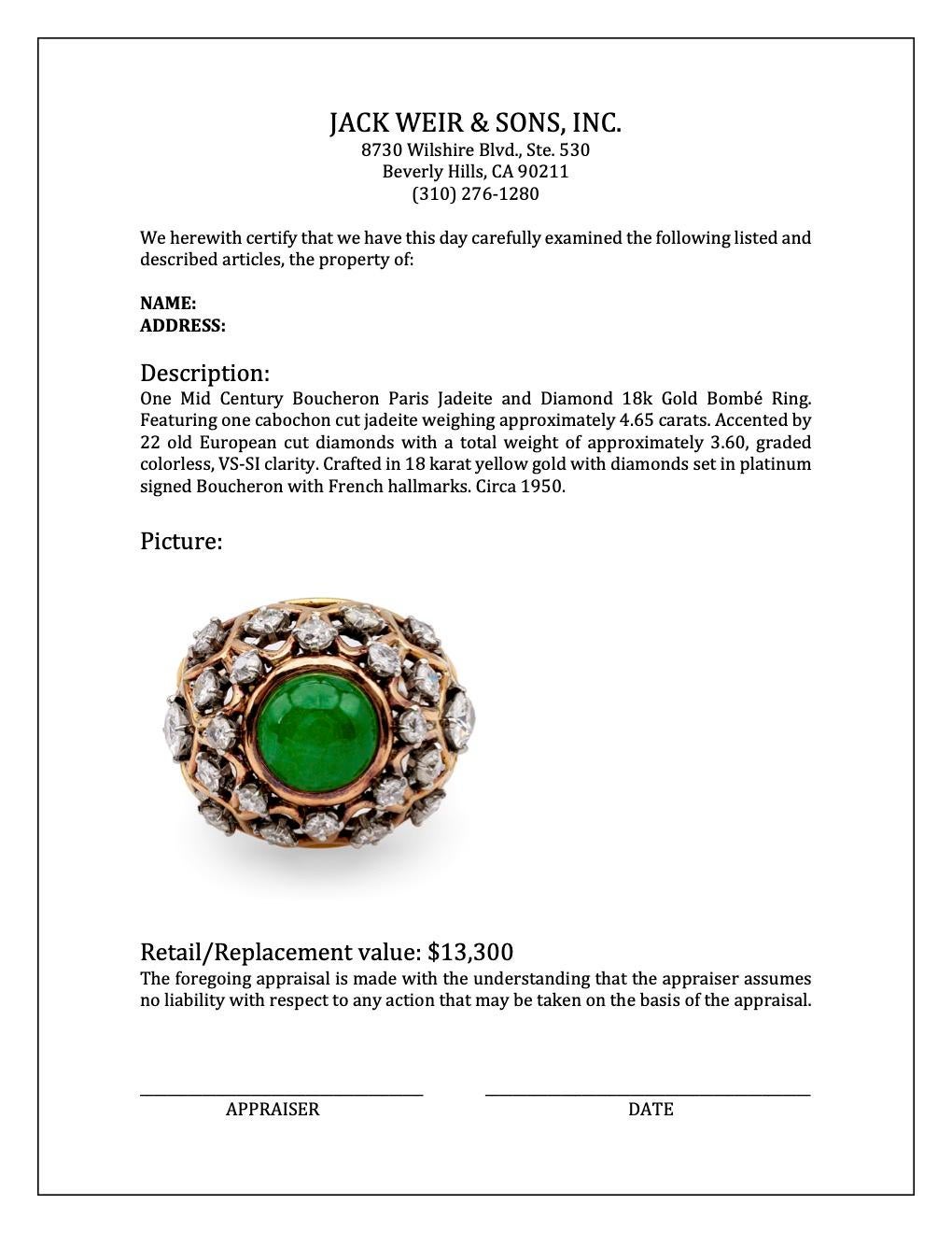 Women's or Men's Mid Century Boucheron Paris Jadeite and Diamond 18k Gold Bombé Ring