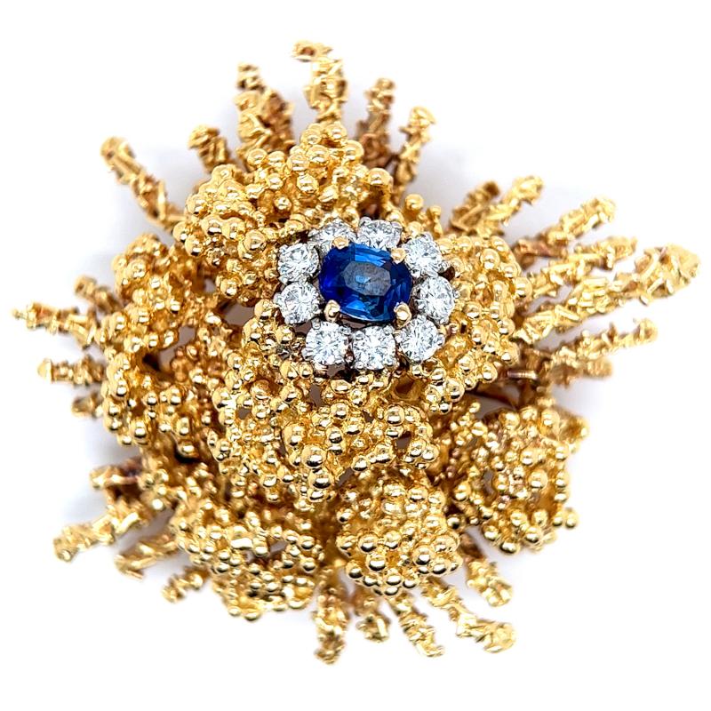 Women's or Men's Mid Century Boucheron Paris Sapphire Diamond 18 Karat Yellow Gold Brooch