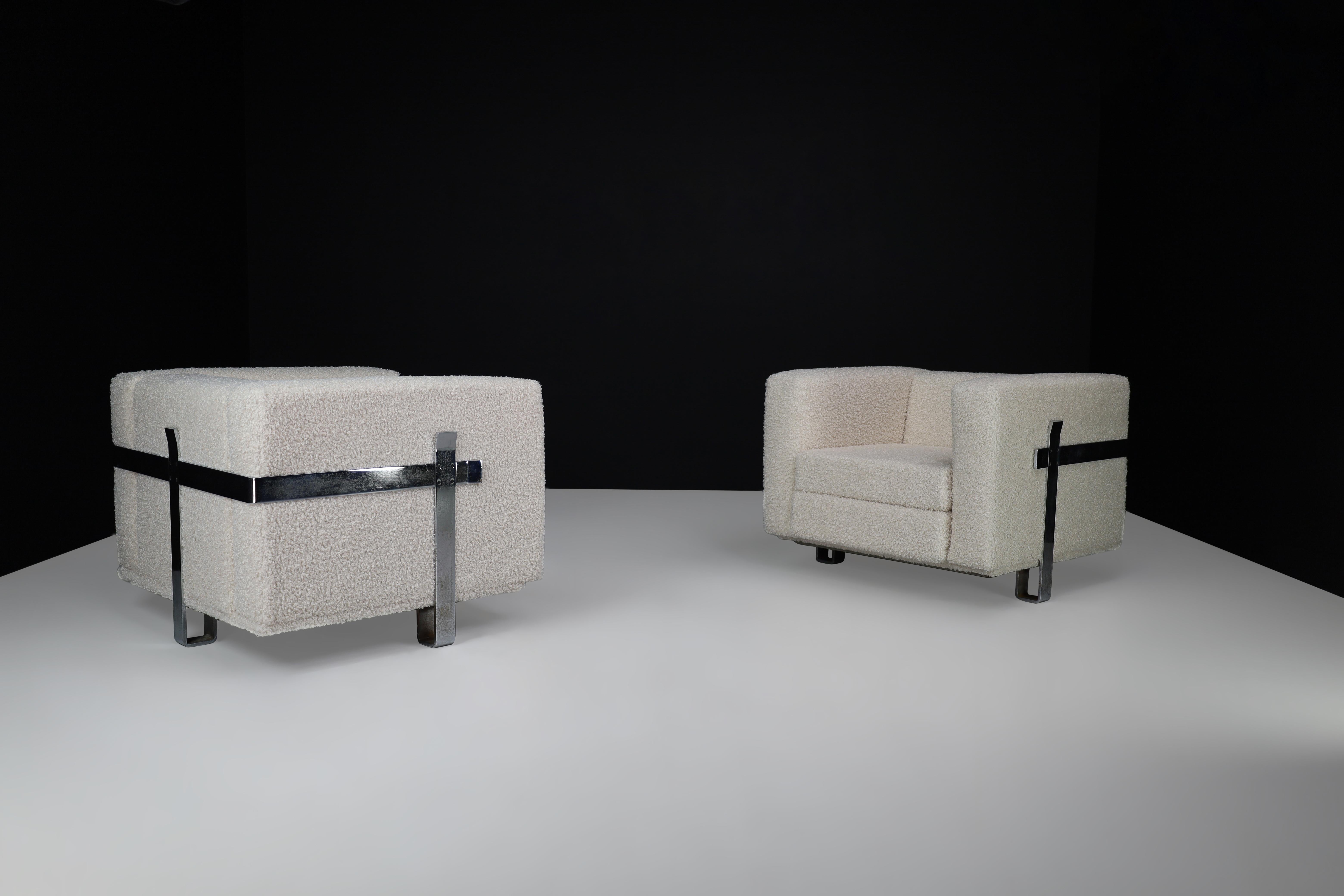 Stainless Steel Midcentury Bouclé Lounge Chairs Designed by Luigi Caccia Dominioni for Azucena