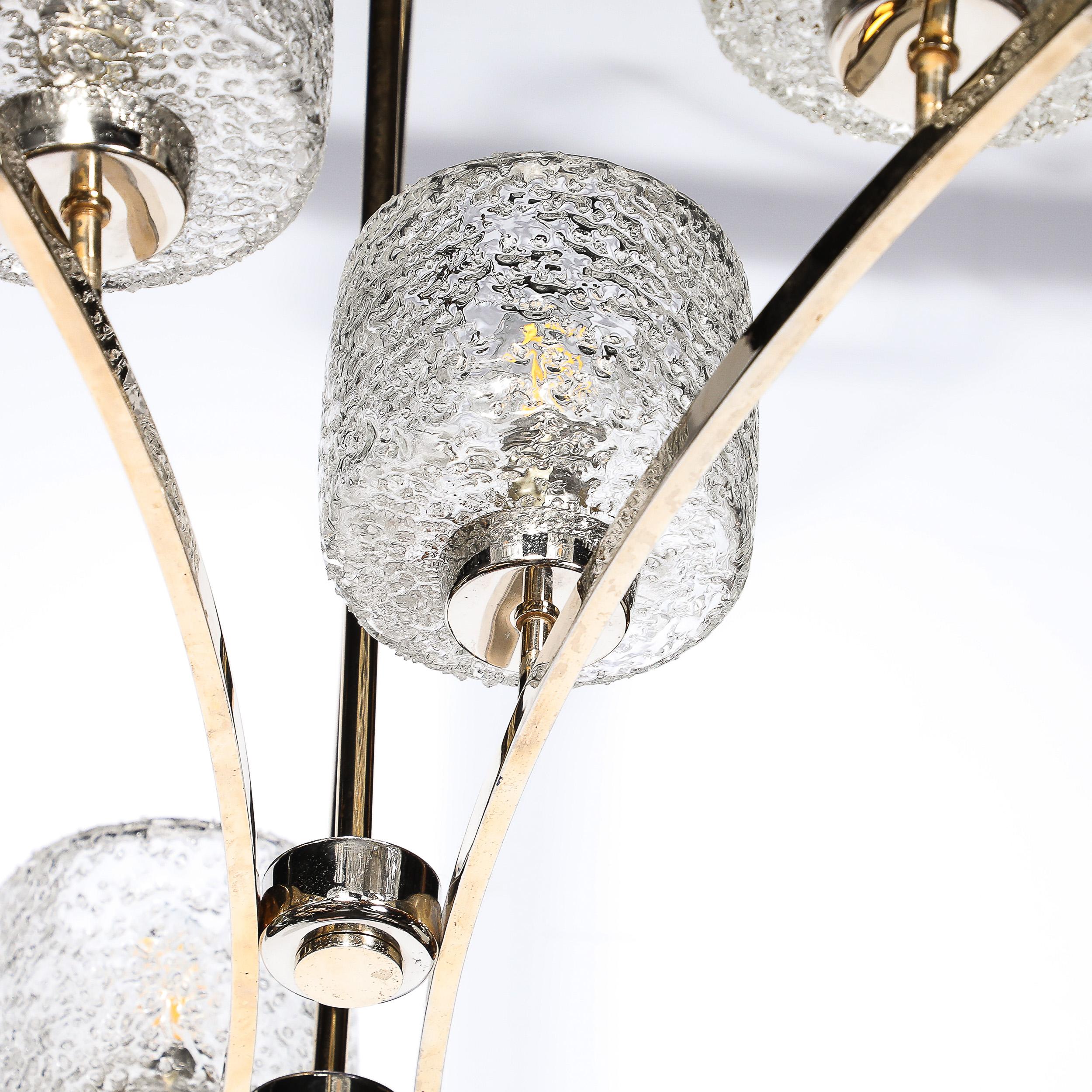 Ottone Lampadario a sospensione a forma di arco di metà secolo in ottone lucido e nichel con vetro screziato in vendita