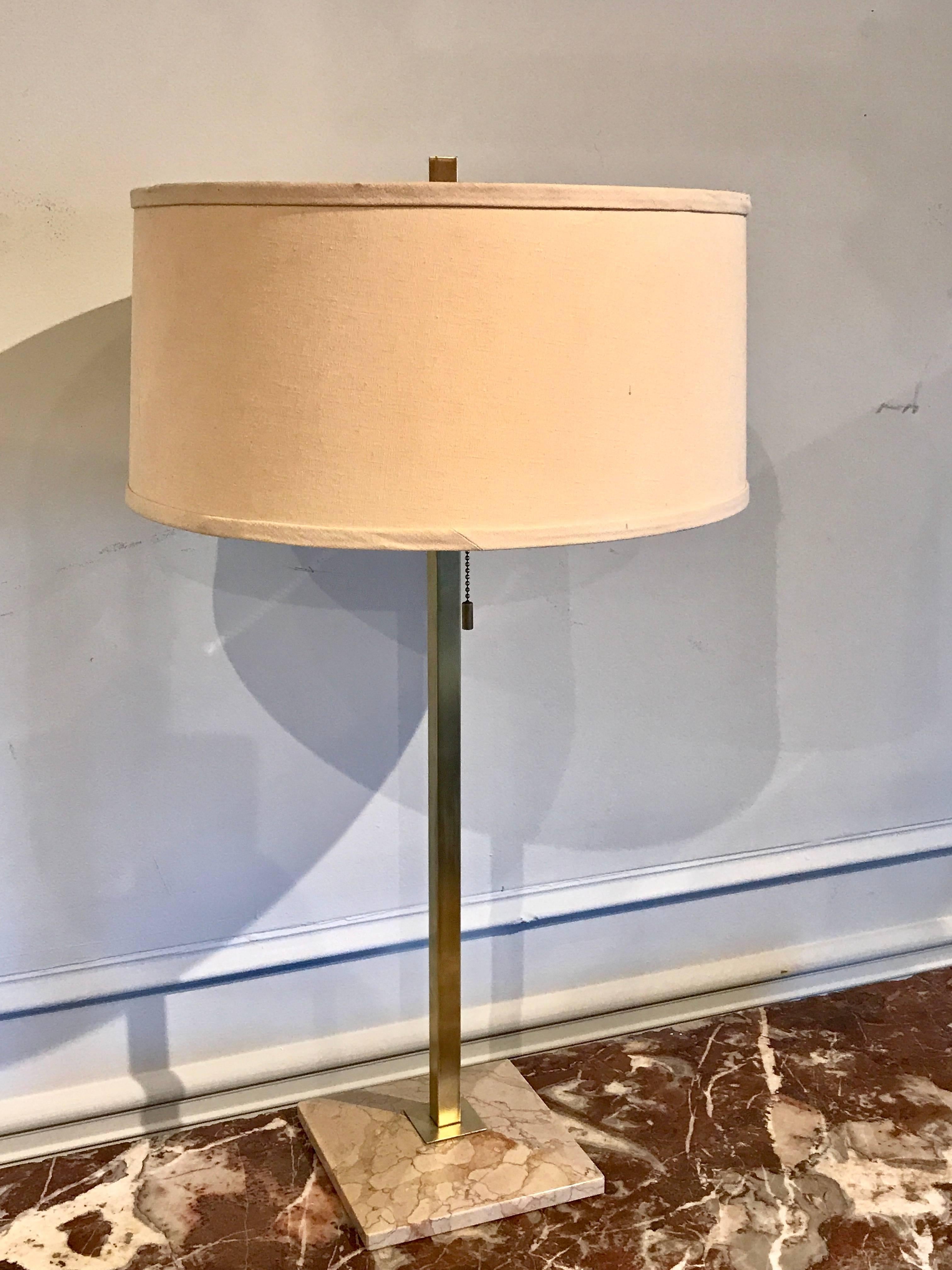 Midcentury brass and marble lamp by Stiffel, shade is original and included 
Measures: 16