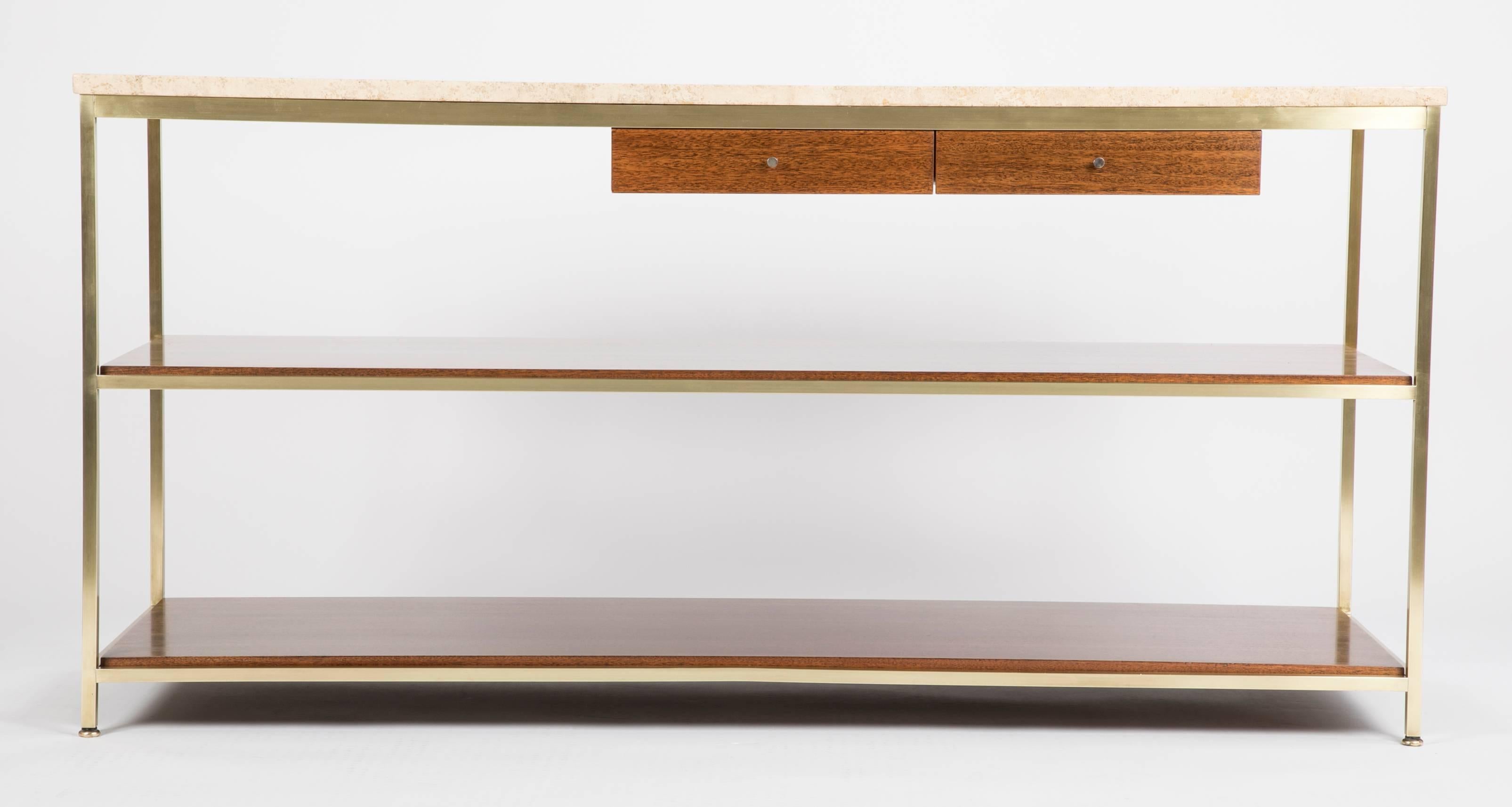 Mid-Century Modern Midcentury Brass and Travertine Marble-Top Console Designed by Paul McCobb
