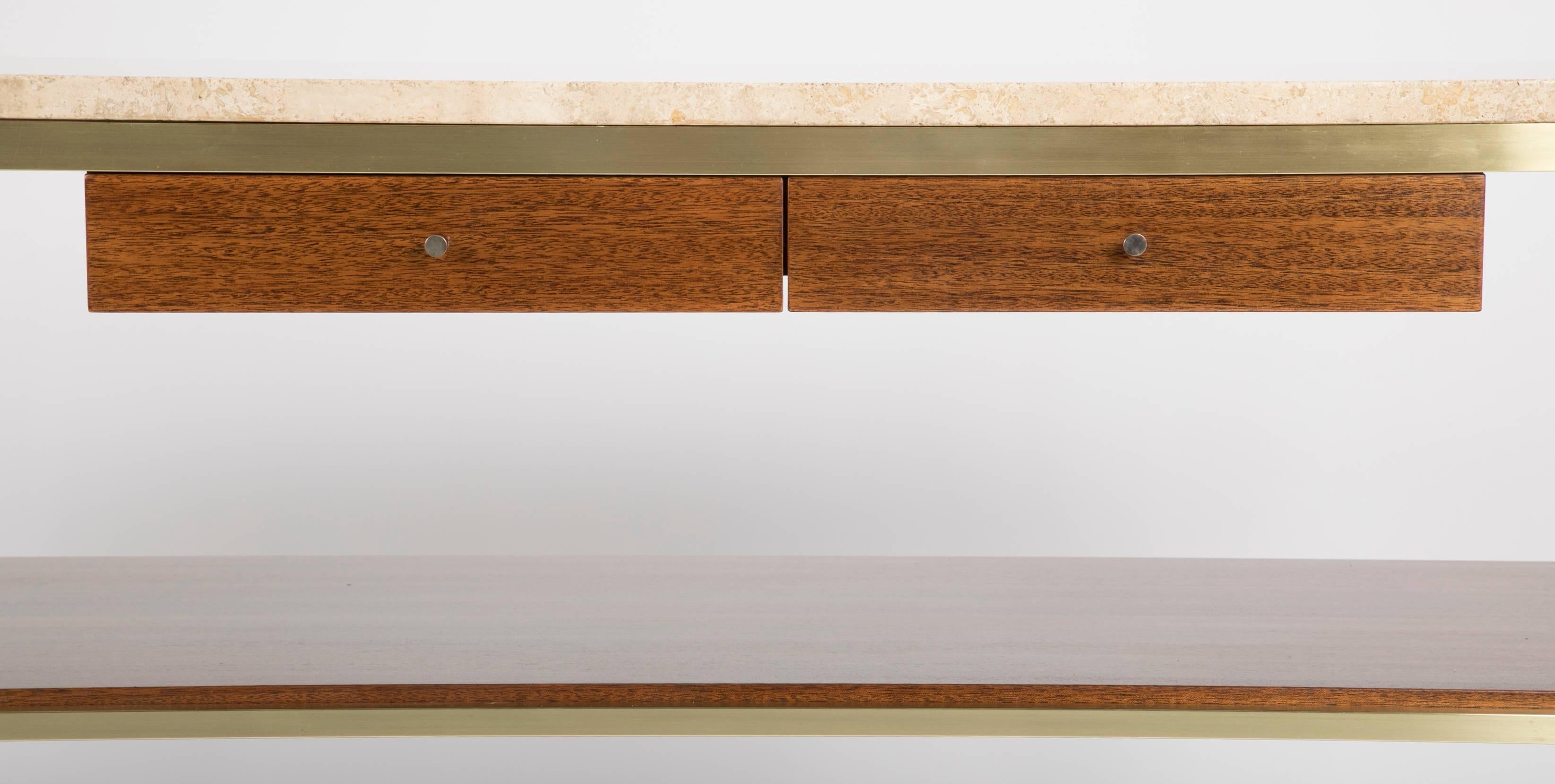 Midcentury Brass and Travertine Marble-Top Console Designed by Paul McCobb In Excellent Condition In Stamford, CT