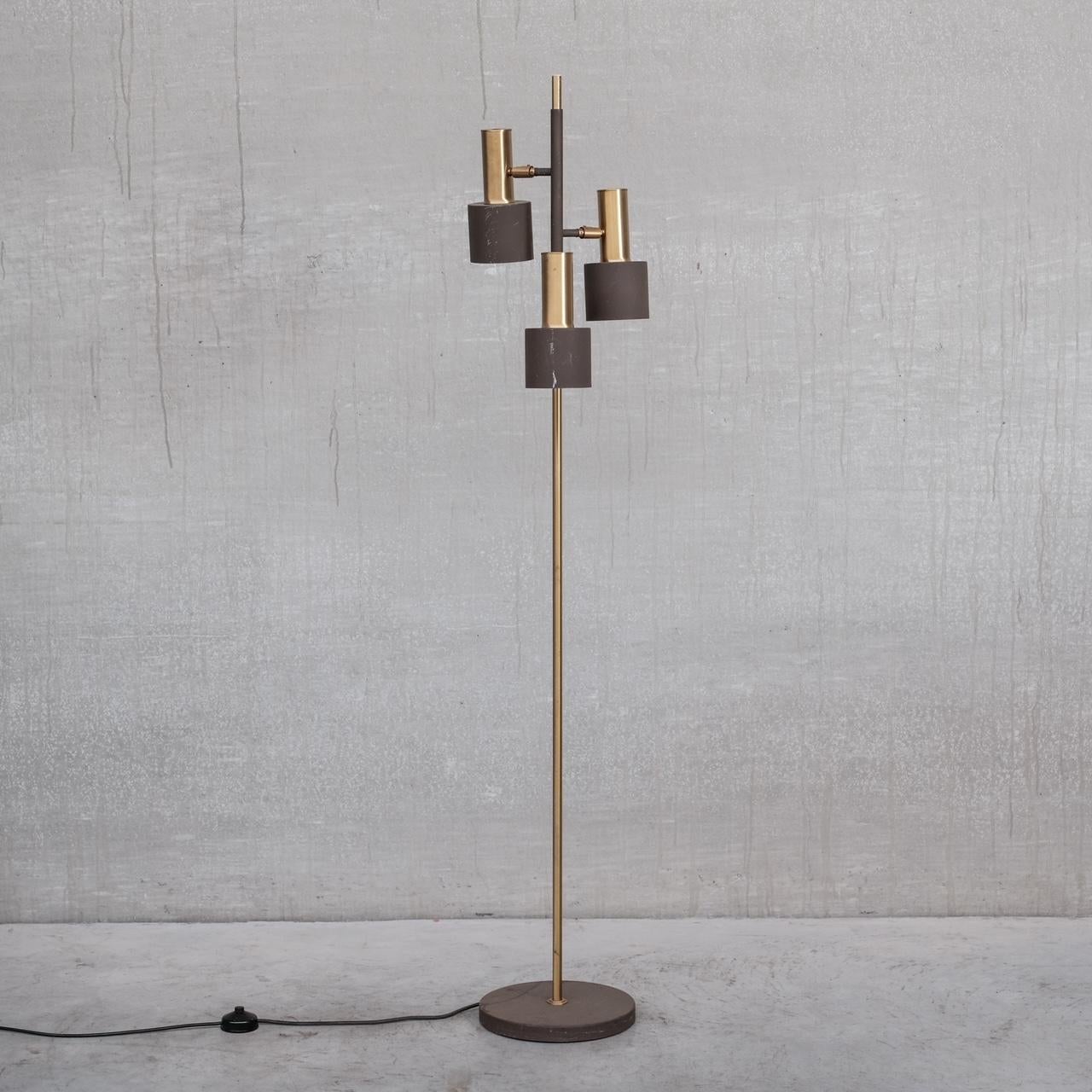 An adjustable three light floor lamp. 

Holland, c1970s. 

Brass with painted shade and stems, vintage condition some some scuffs to the paint, we can re-spray upon request. 

We have a matching floor lamp in black at the time of listing in a