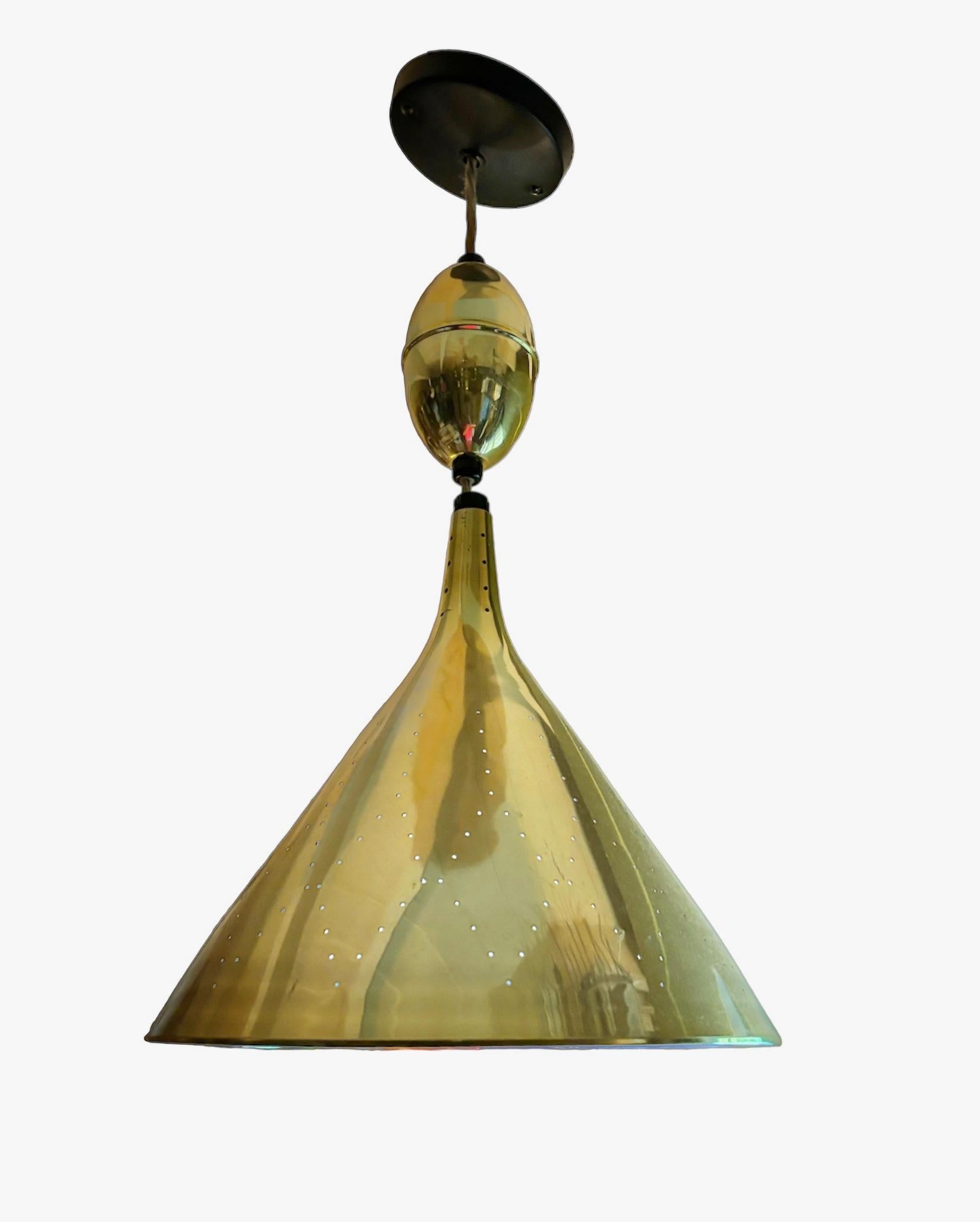 Mid-Century Modern Mid Century Brass Adjustable Pull-down Conical Pendant Style Thurston Lightolier For Sale