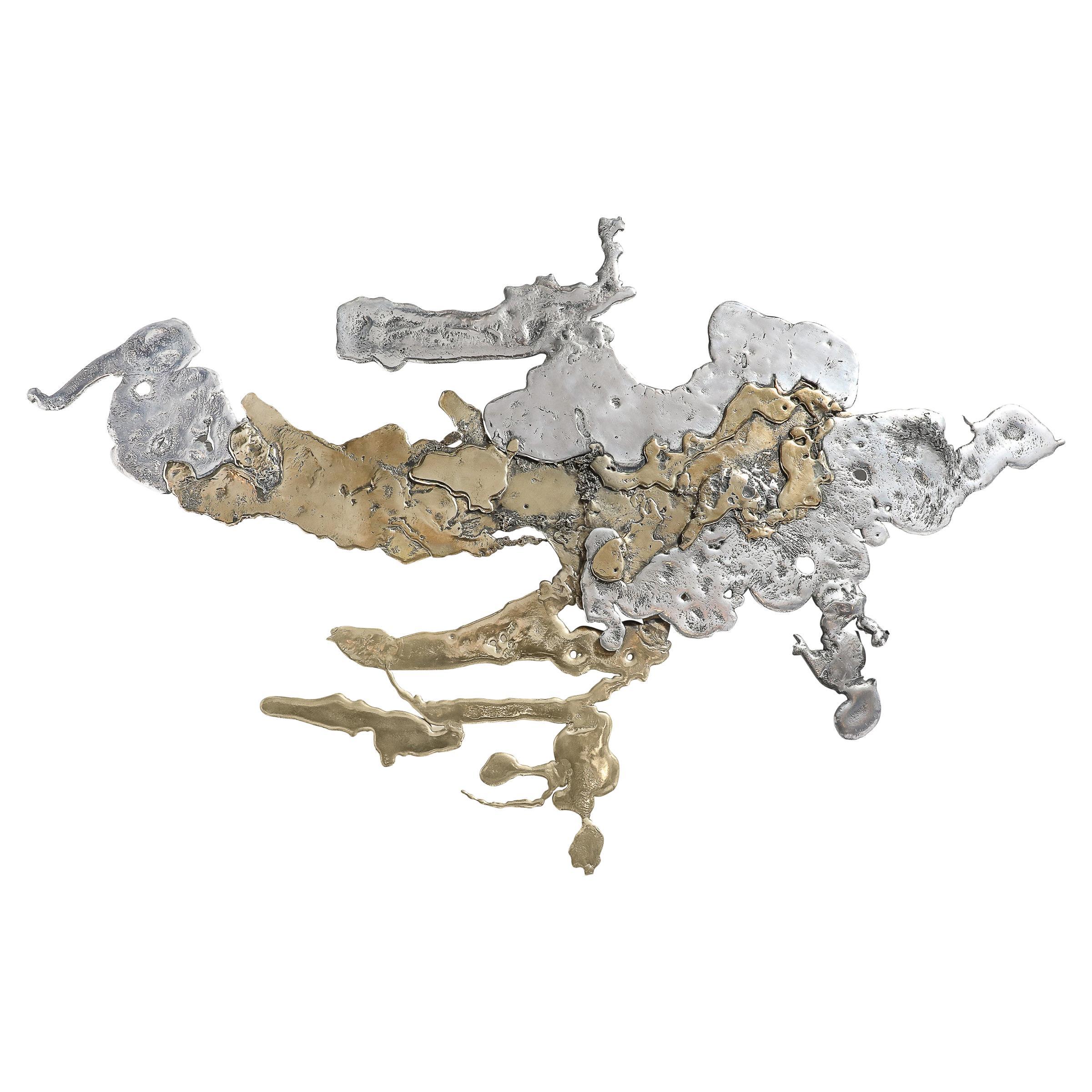 Mid-Century Brass & Aluminum Splash Molten Wall Sculpture Signed Silas Seandel For Sale