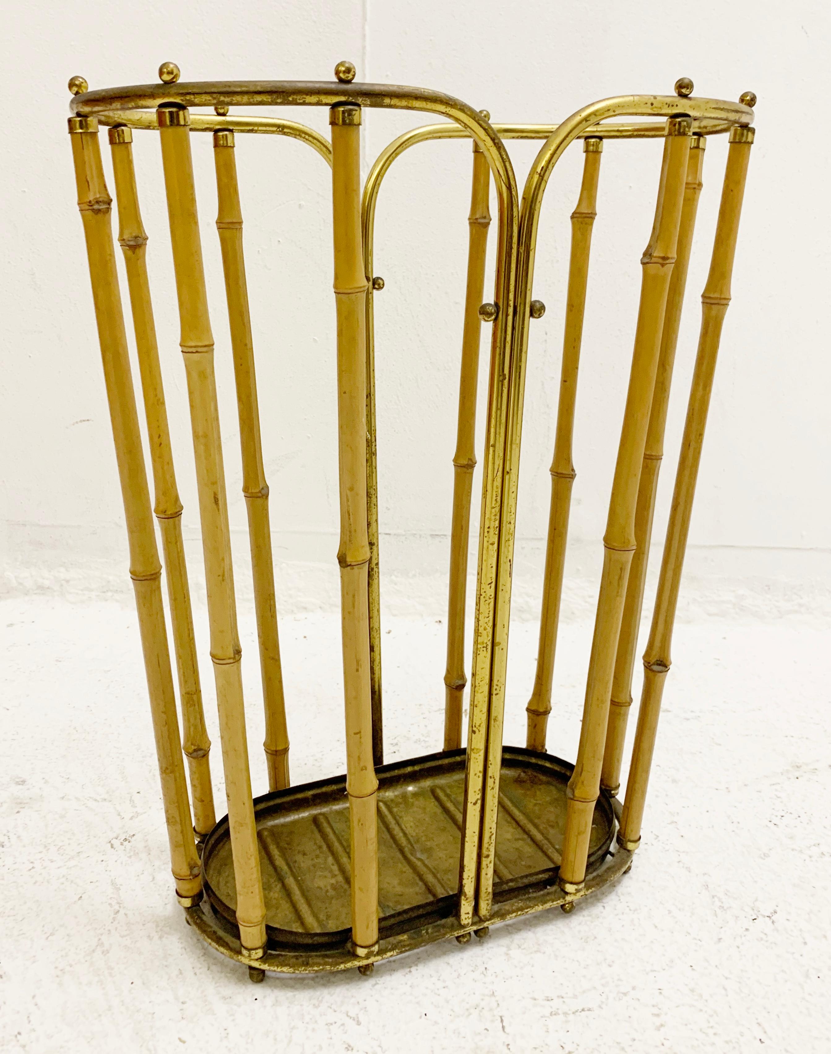 Austrian Mid-Century Brass and Bamboo Umbrella Holder, Austria 1950s For Sale