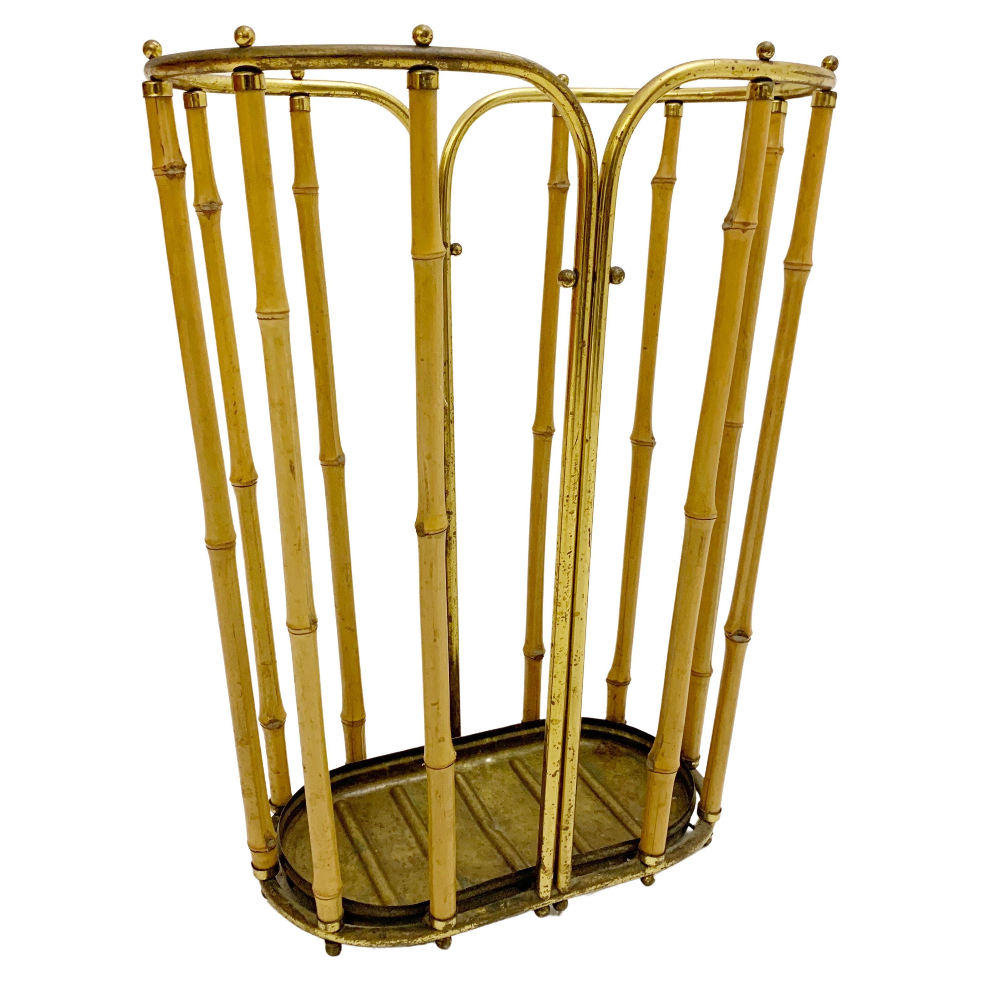 Mid-Century Brass and Bamboo Umbrella Holder, Austria 1950s For Sale