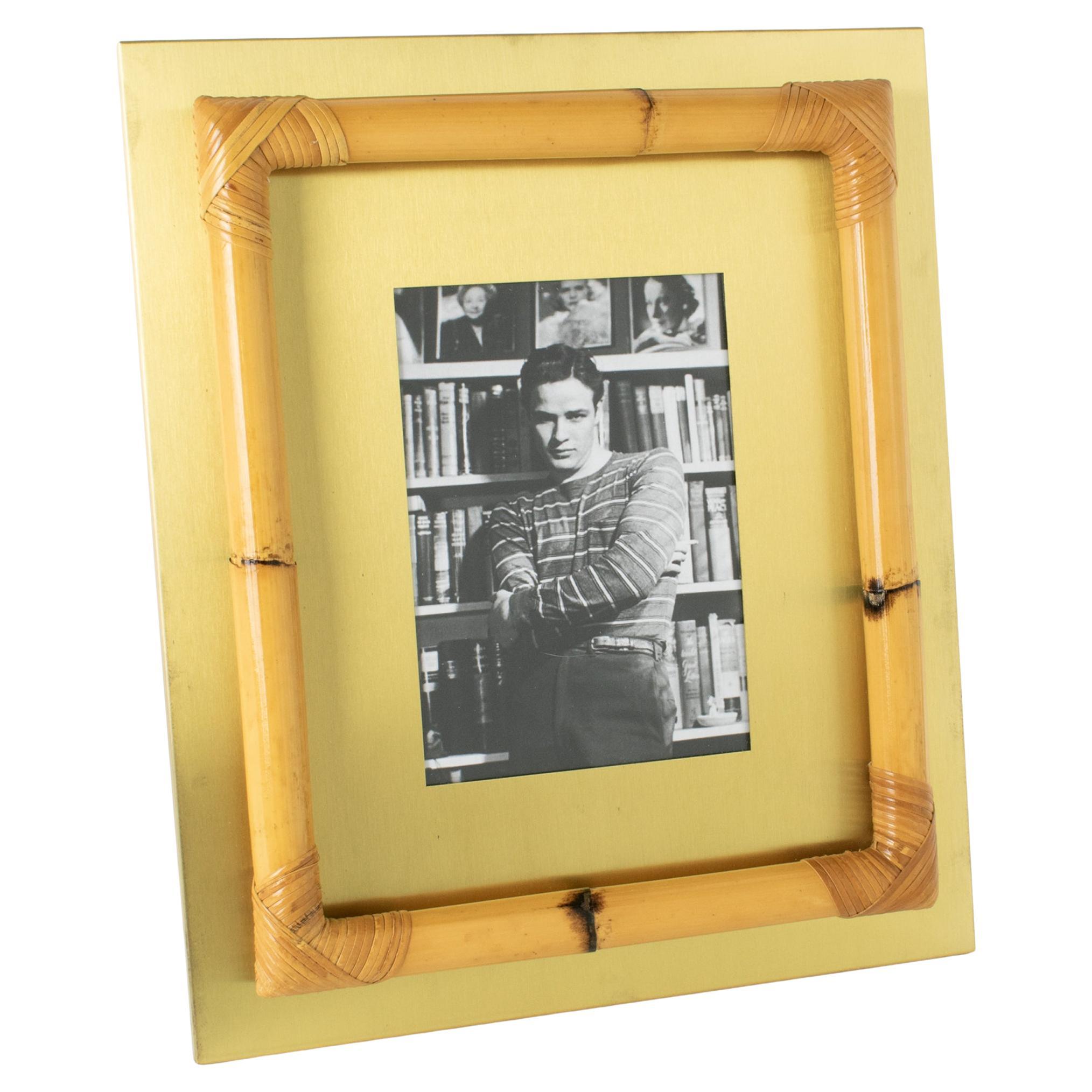 Mid-Century Brass and Bamboo Wicker Picture Frame, Italy circa 1970 For Sale