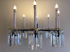 Midcentury Brass and Black Crystal eight-Arm Chandelier Parzinger Style