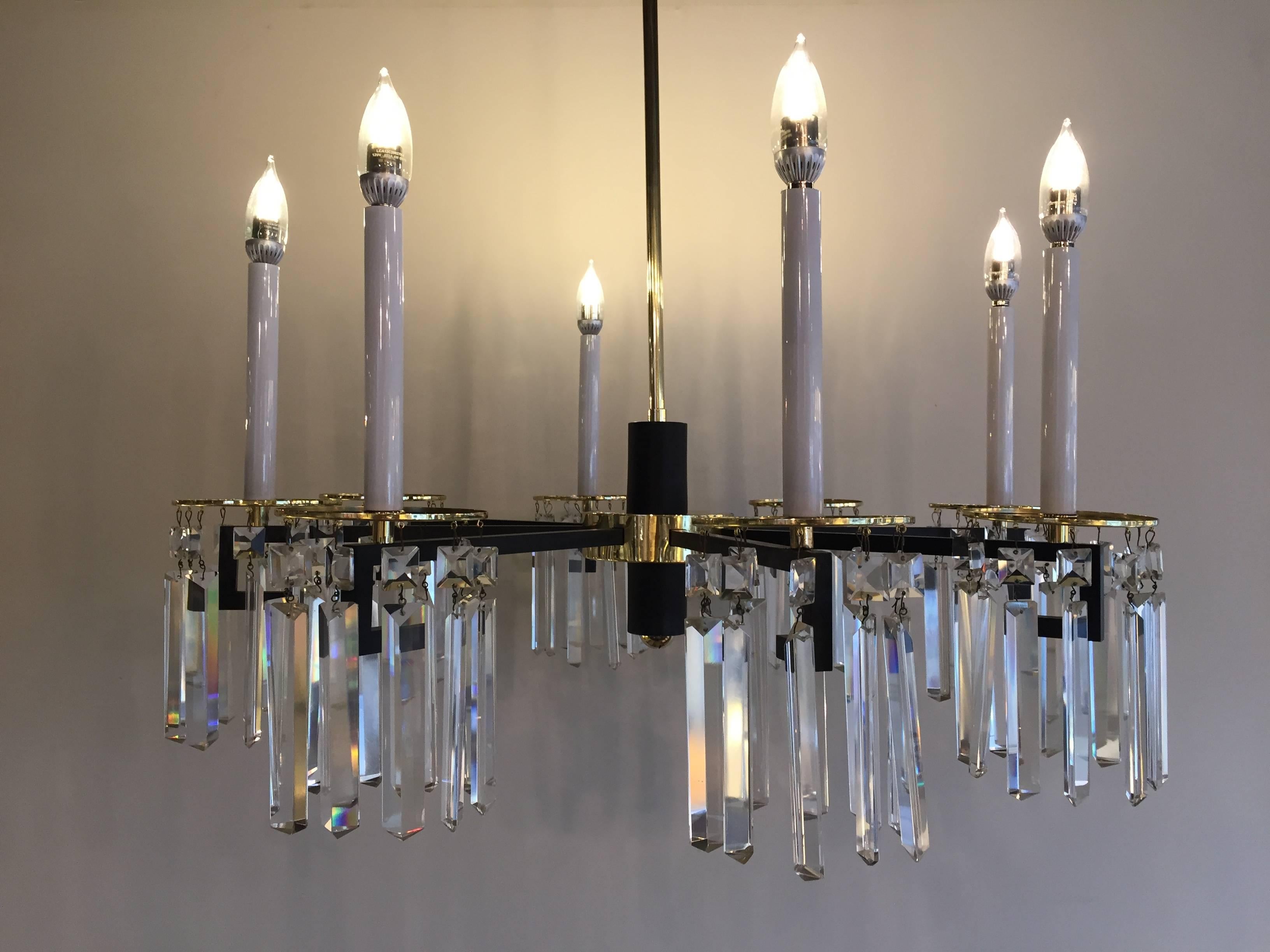 Mid-Century Modern Midcentury Brass and Black Crystal eight-Arm Chandelier Parzinger Style For Sale