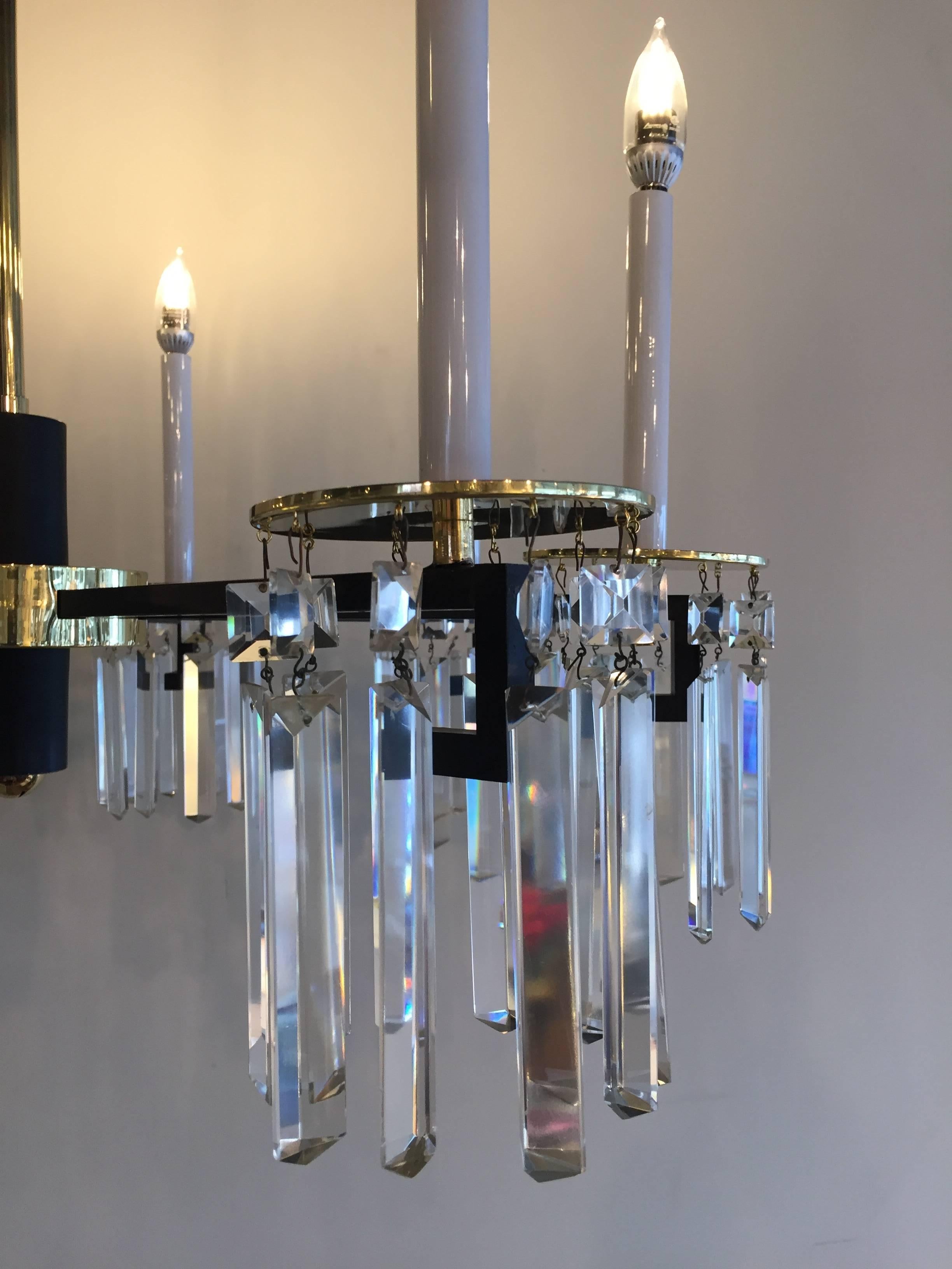 20th Century Midcentury Brass and Black Crystal eight-Arm Chandelier Parzinger Style For Sale