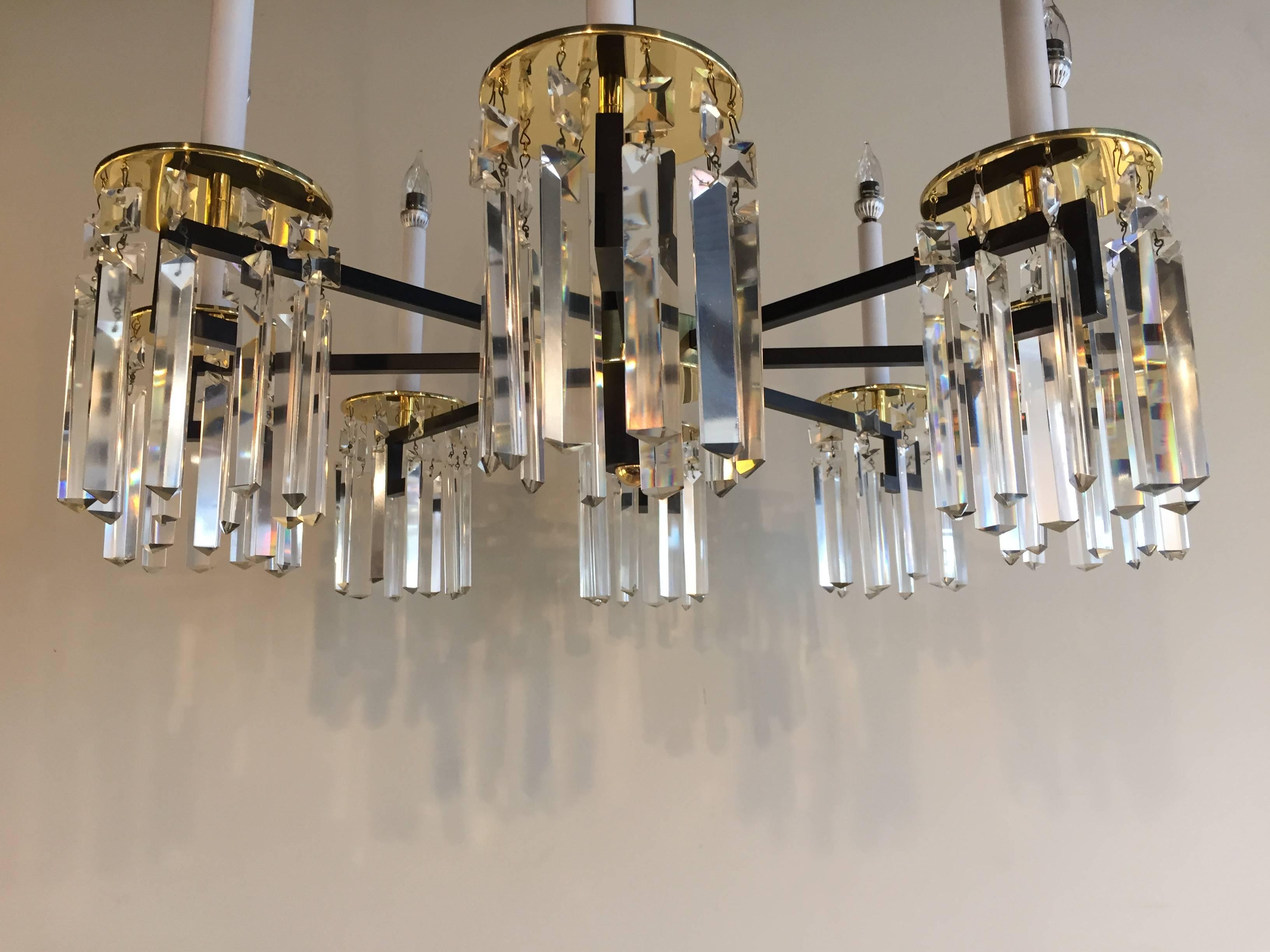 Aluminum Midcentury Brass and Black Crystal eight-Arm Chandelier Parzinger Style For Sale
