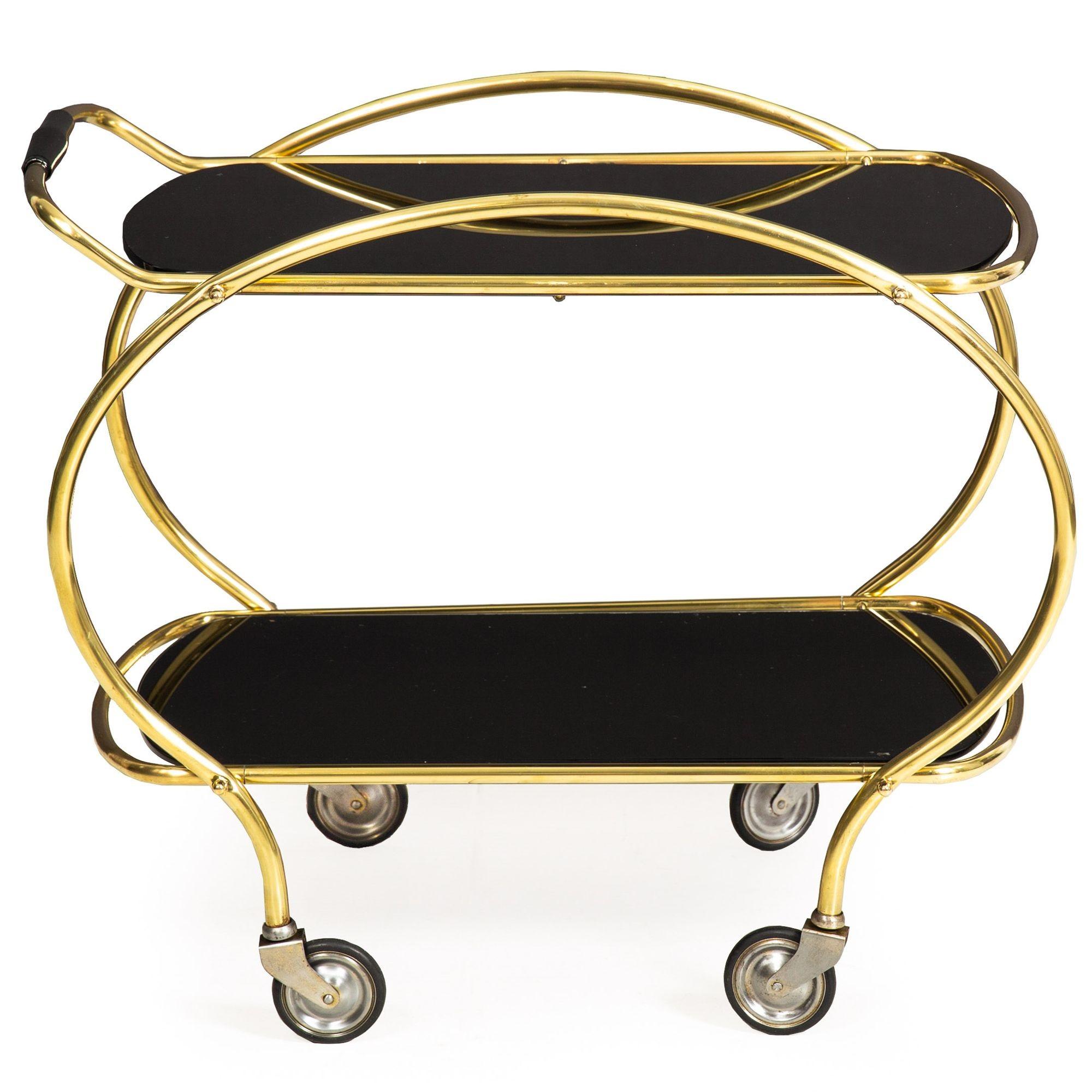 Mid-Century Modern Mid-Century Brass and Black Glass Two-Tier Serving Bar Cart ca. 1950s For Sale