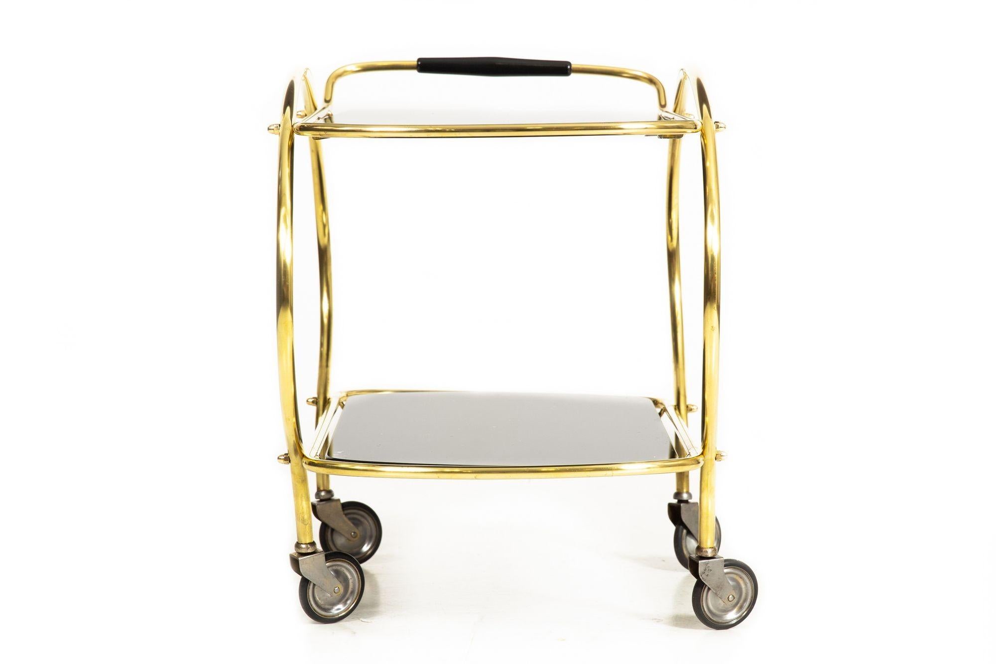 American Mid-Century Brass and Black Glass Two-Tier Serving Bar Cart ca. 1950s For Sale