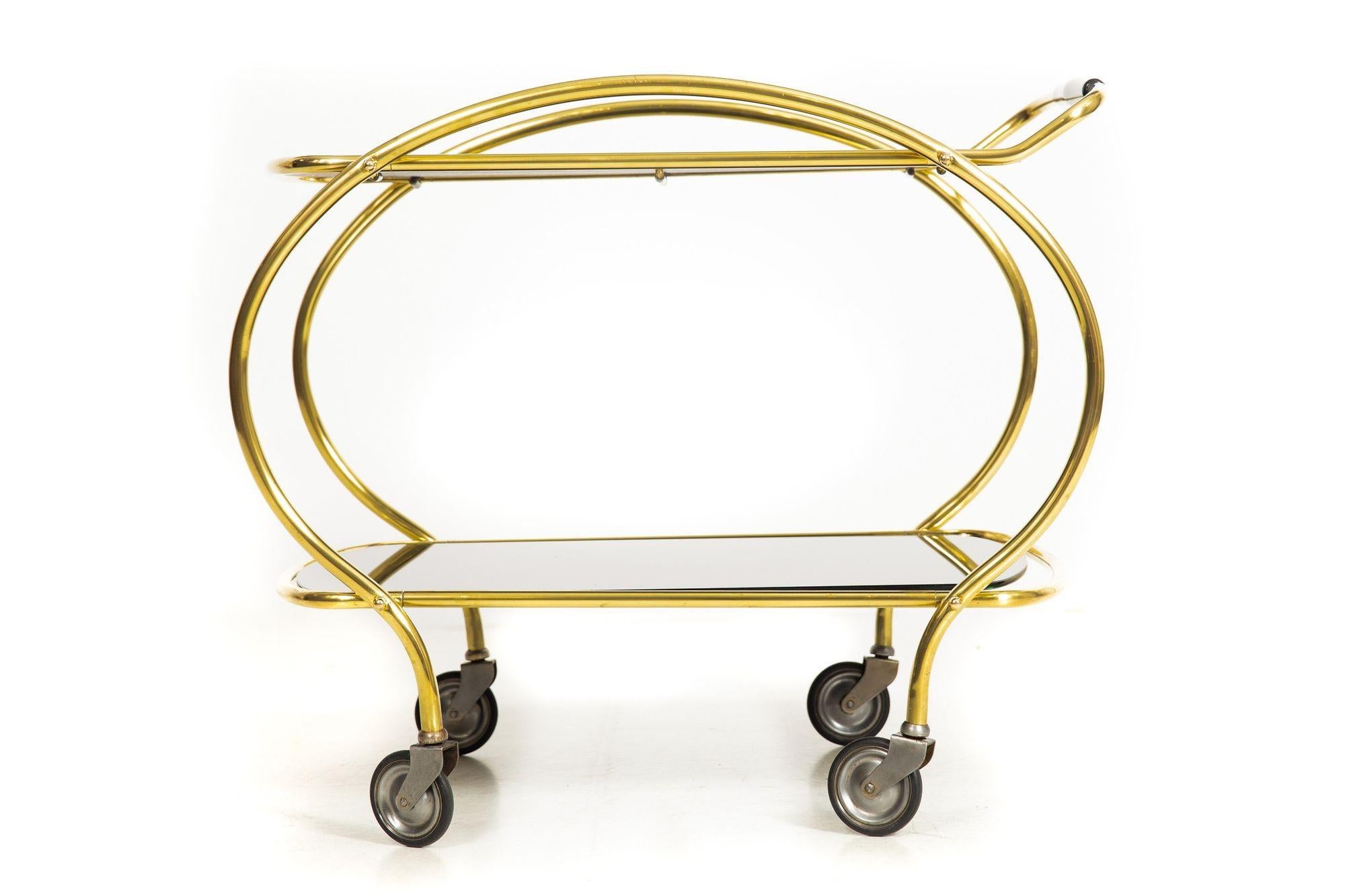Ebonized Mid-Century Brass and Black Glass Two-Tier Serving Bar Cart ca. 1950s For Sale