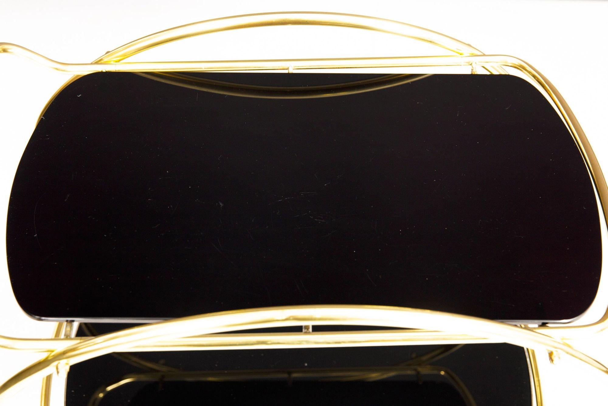 20th Century Mid-Century Brass and Black Glass Two-Tier Serving Bar Cart ca. 1950s For Sale