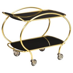 Antique Mid-Century Brass and Black Glass Two-Tier Serving Bar Cart ca. 1950s