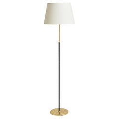 Mid-Century Brass and Black Leather Floor Lamp