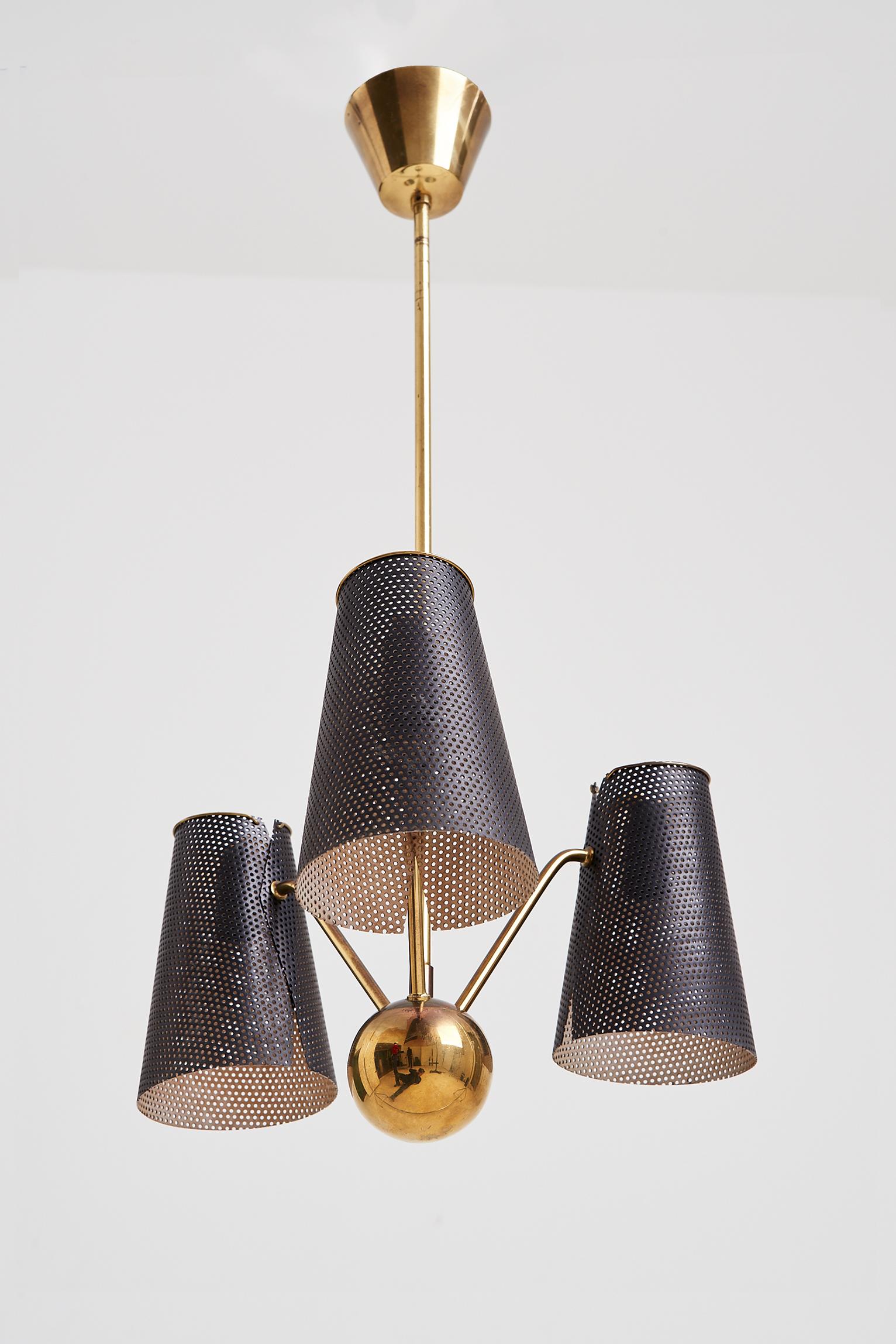 French Mid-Century Brass and Black Rigitule Ceiling Light