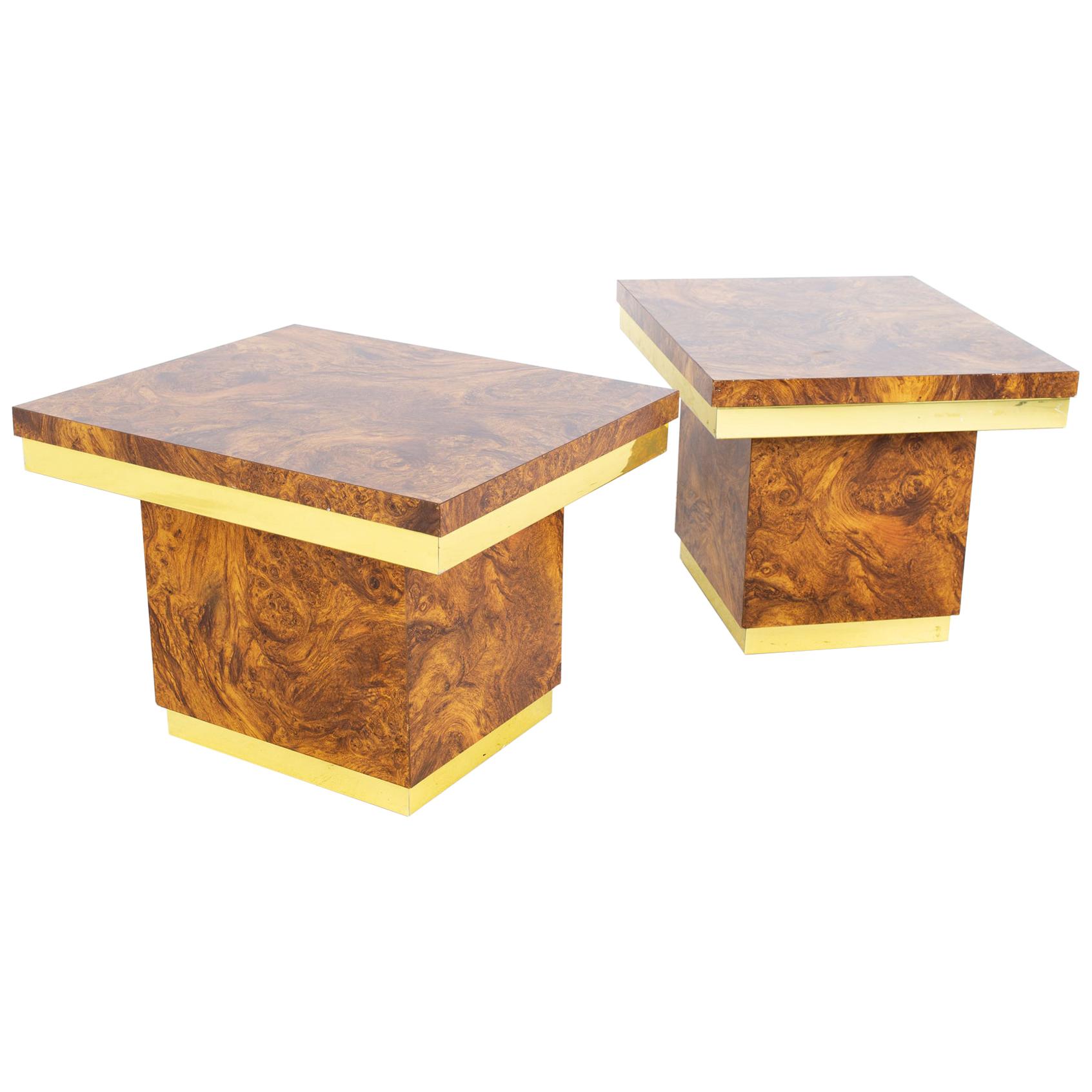 Mid Century Brass and Burlwood Formica Side End Tables a Pair at 1stDibs