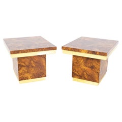 Mid-Century Brass and Burlwood Laminate Side End Tables, a Pair