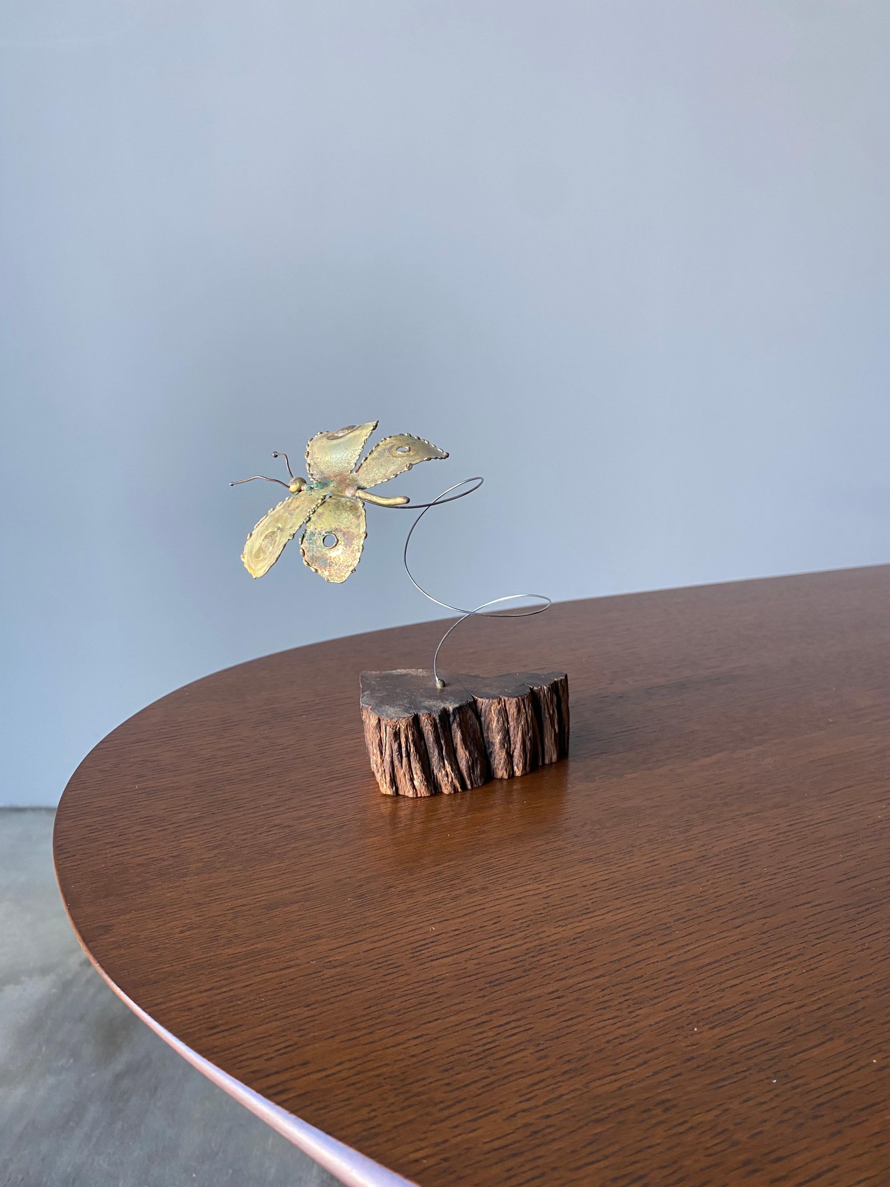 Hand-Crafted Mid Century Brass and Copper Butterfly on Burl Stand For Sale