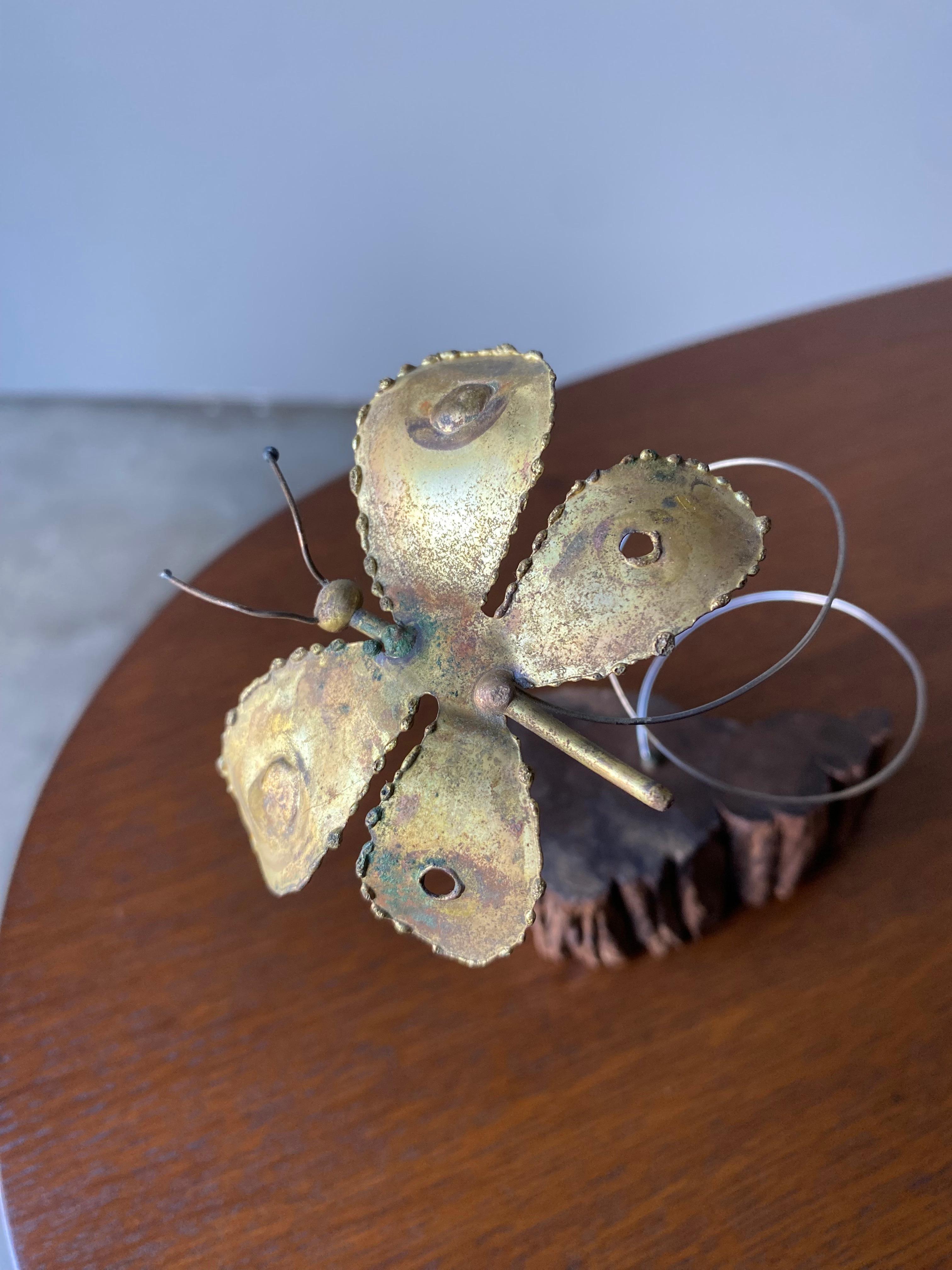 Mid Century Brass and Copper Butterfly on Burl Stand For Sale 1
