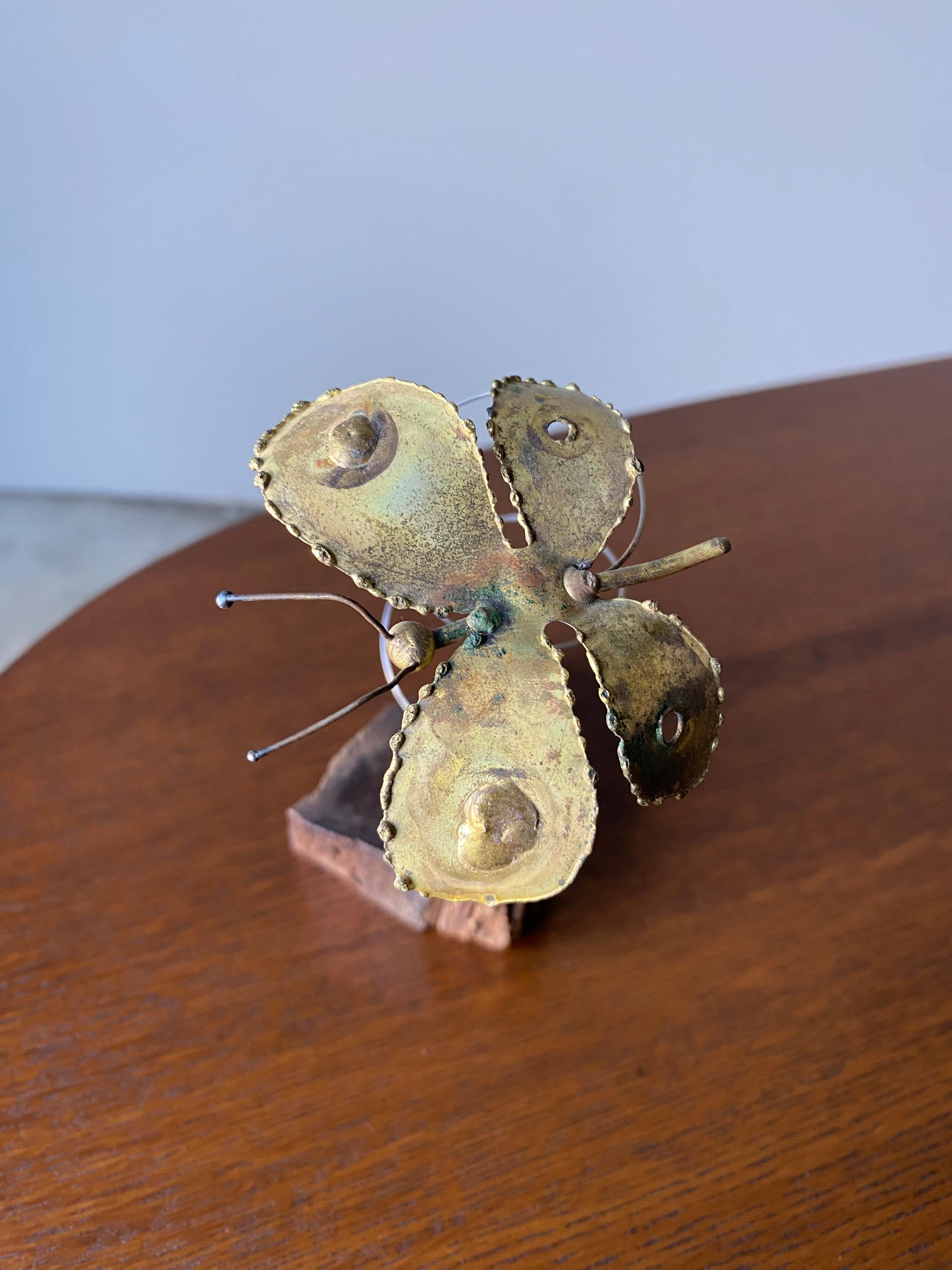 Mid Century Brass and Copper Butterfly on Burl Stand For Sale 2