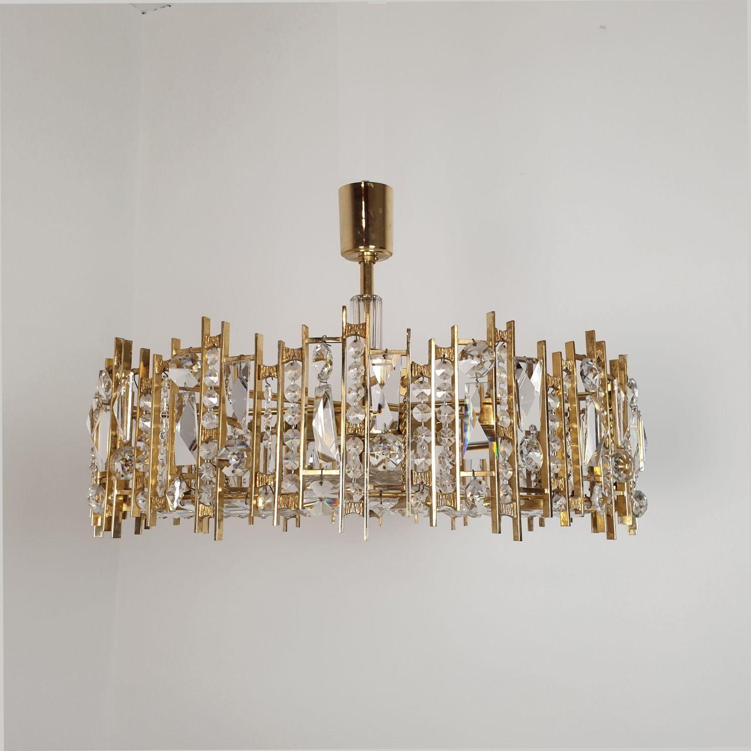 Mid-Century Modern Mid Century Brass and Crystals Chandelier, Palwa Style For Sale