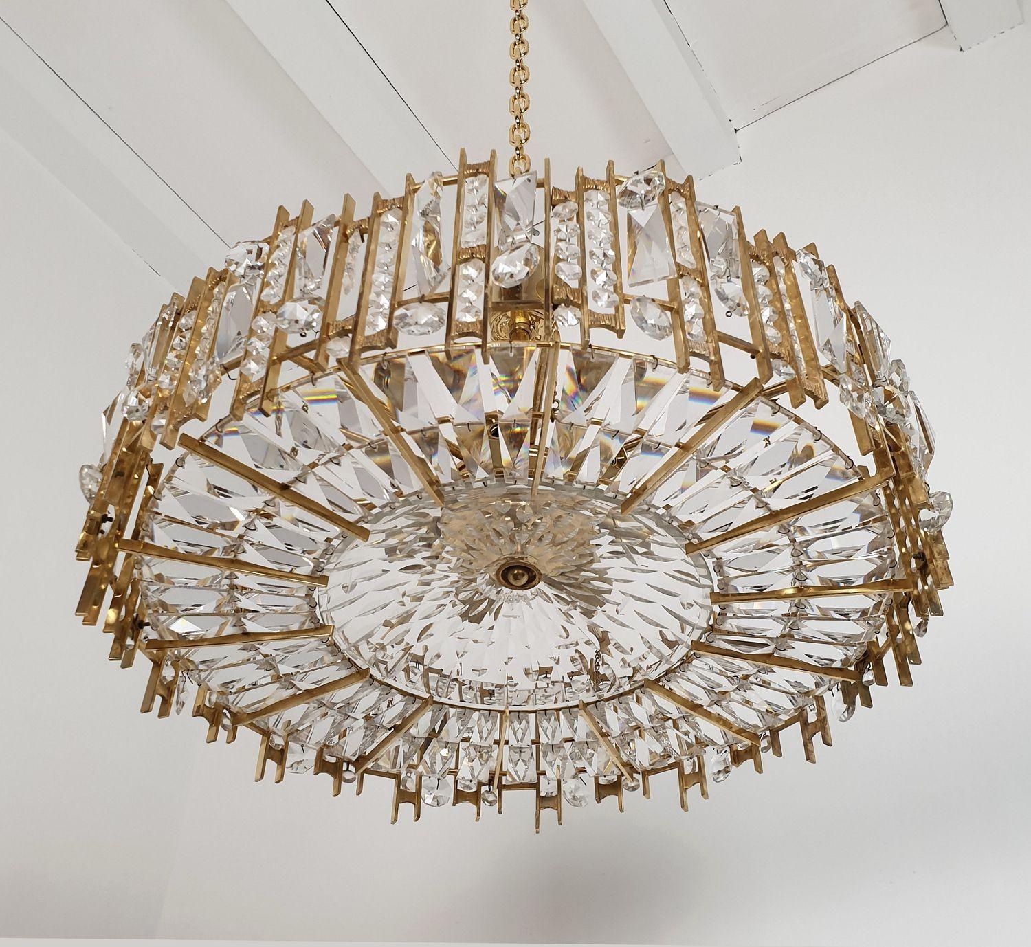 German Mid Century Brass and Crystals Chandelier, Palwa Style For Sale