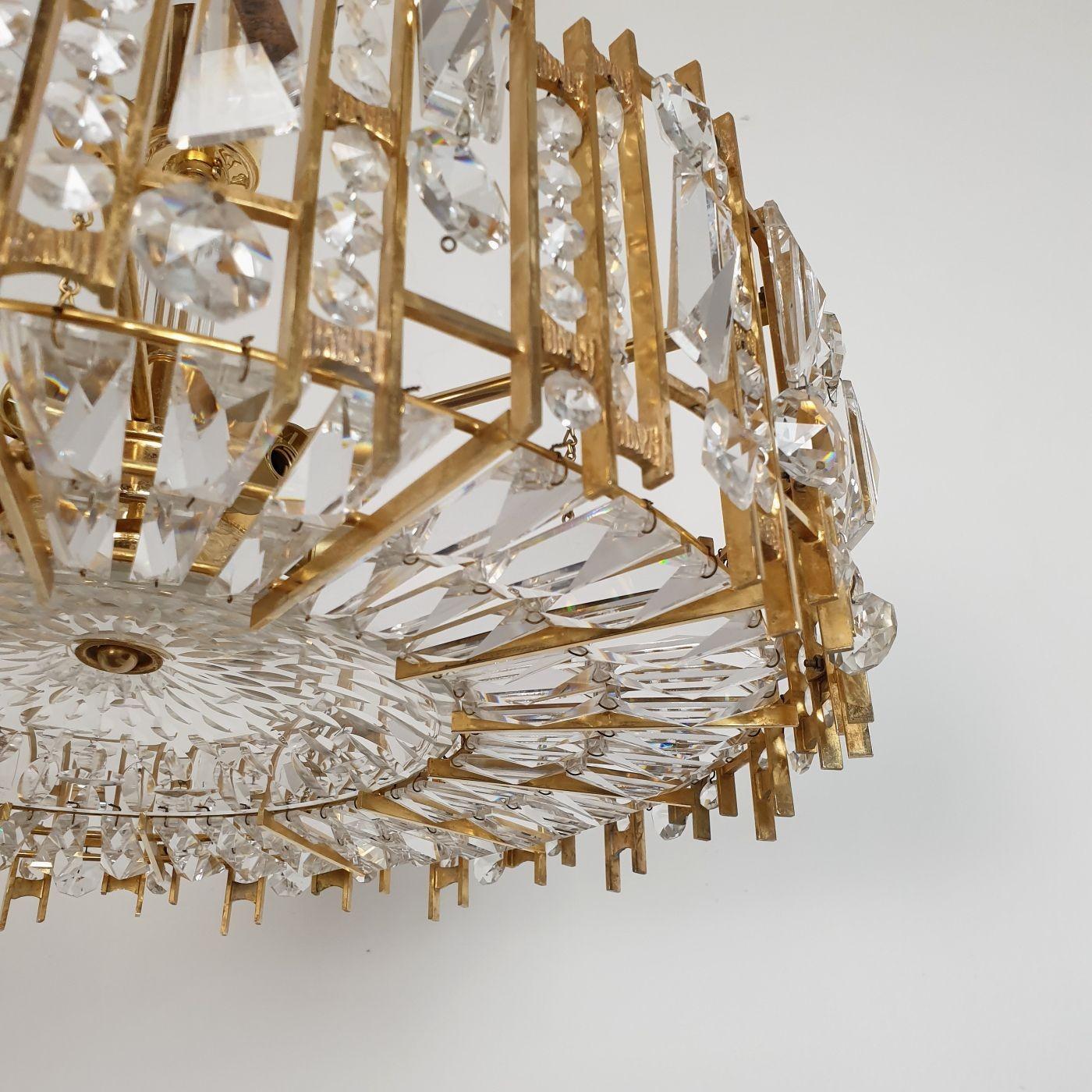 Mid-20th Century Mid Century Brass and Crystals Chandelier, Palwa Style For Sale