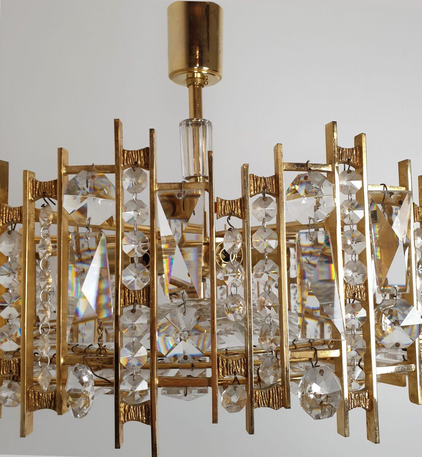 Mid Century Brass and Crystals Chandelier, Palwa Style For Sale 2