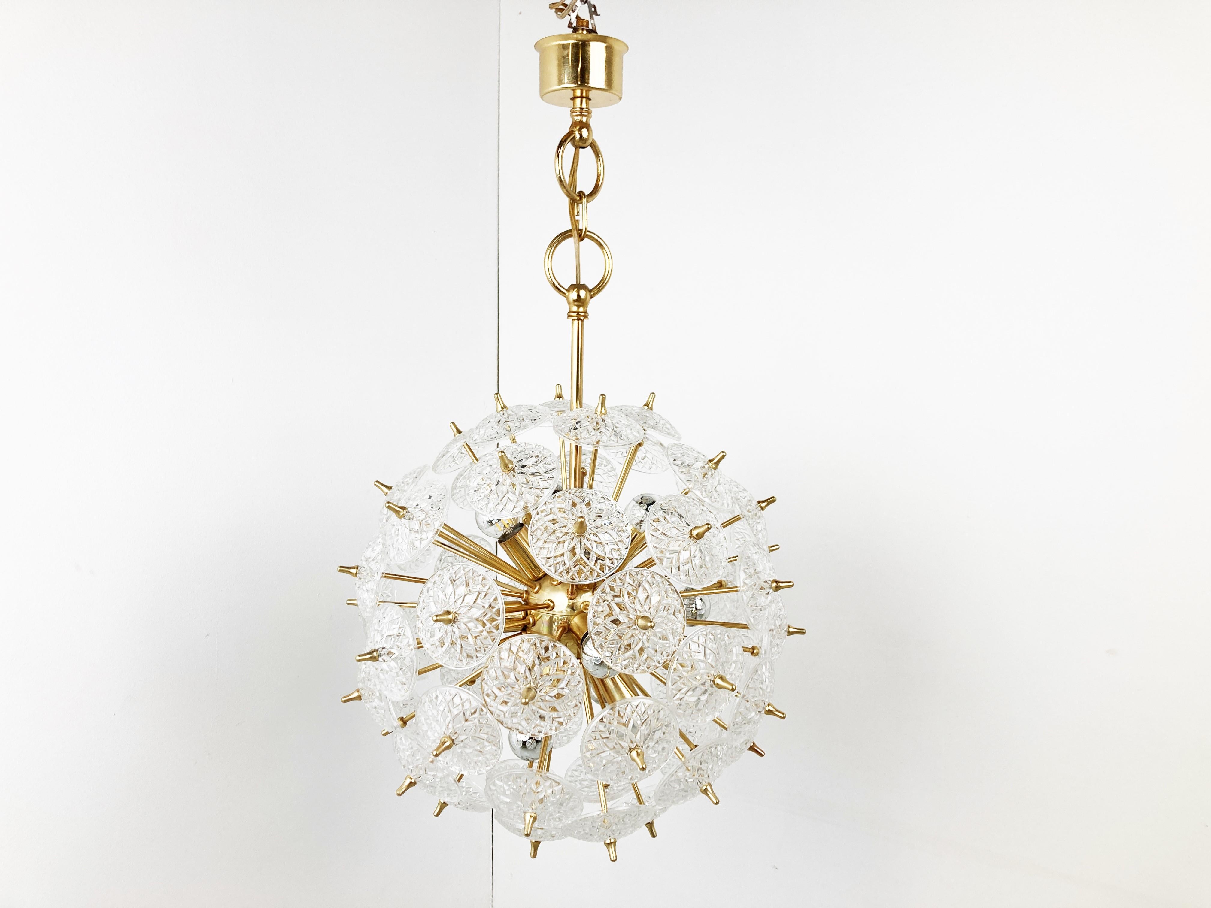 Space Age Midcentury Brass and Crystal Sputnik Chandelier by Val Saint Lambert, 1960s