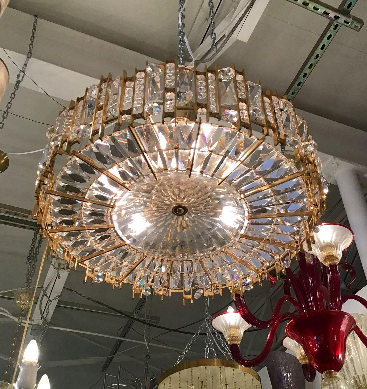Mid Century Brass Crystals Chandelier, Palwa Style For Sale 4