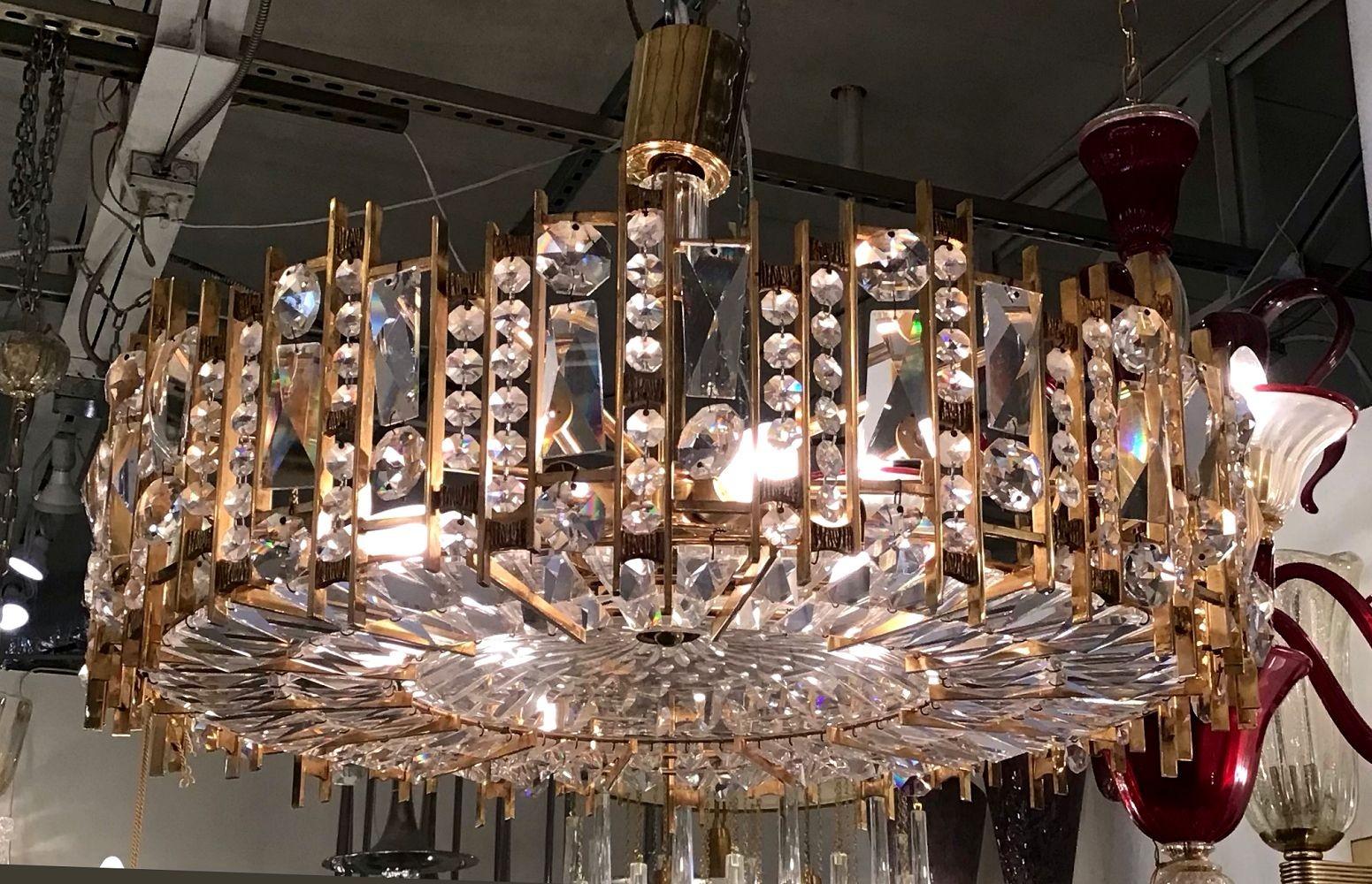 Mid Century Brass Crystals Chandelier, Palwa Style For Sale 5