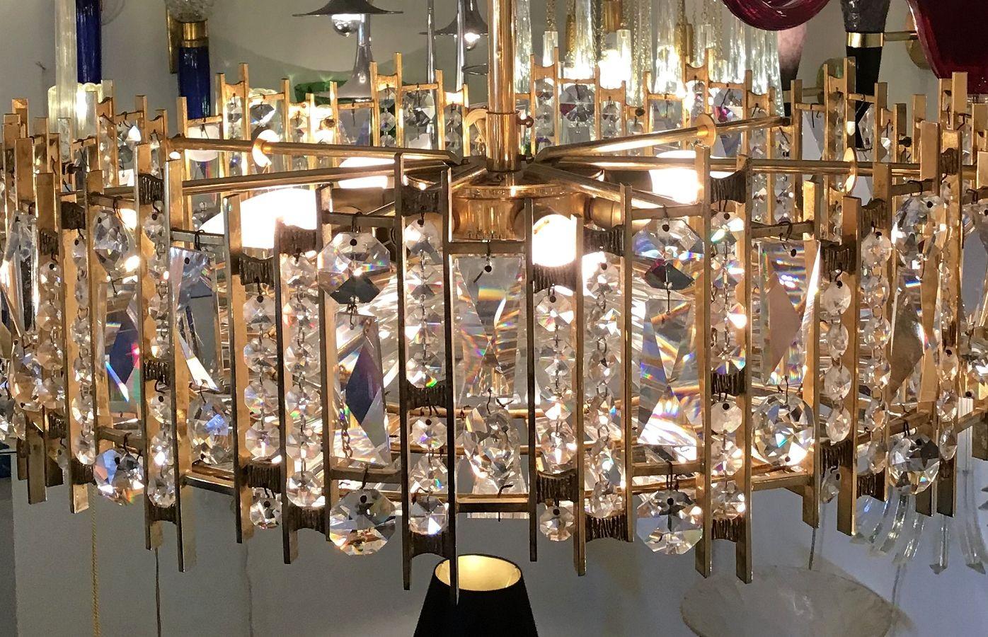 Mid Century Brass Crystals Chandelier, Palwa Style For Sale 6