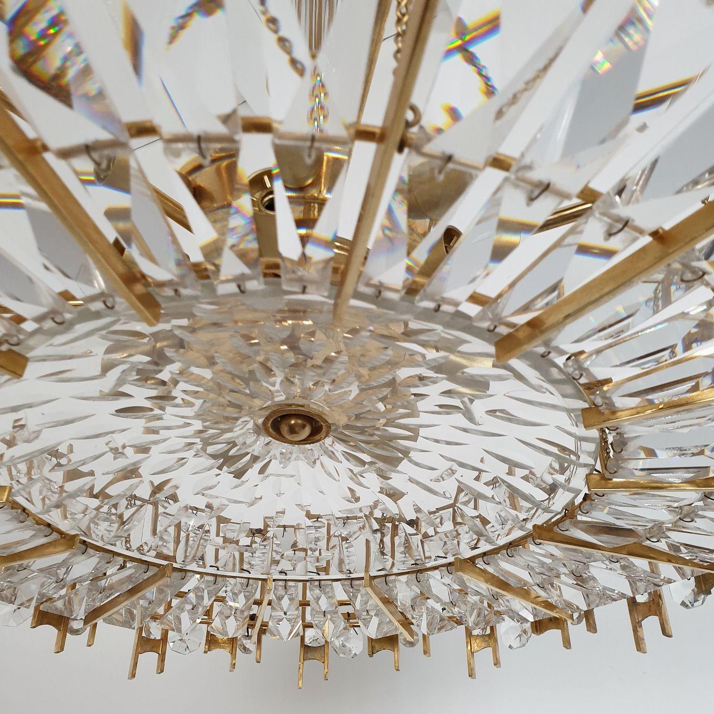 Mid Century Brass Crystals Chandelier, Palwa Style In Excellent Condition For Sale In Dallas, TX