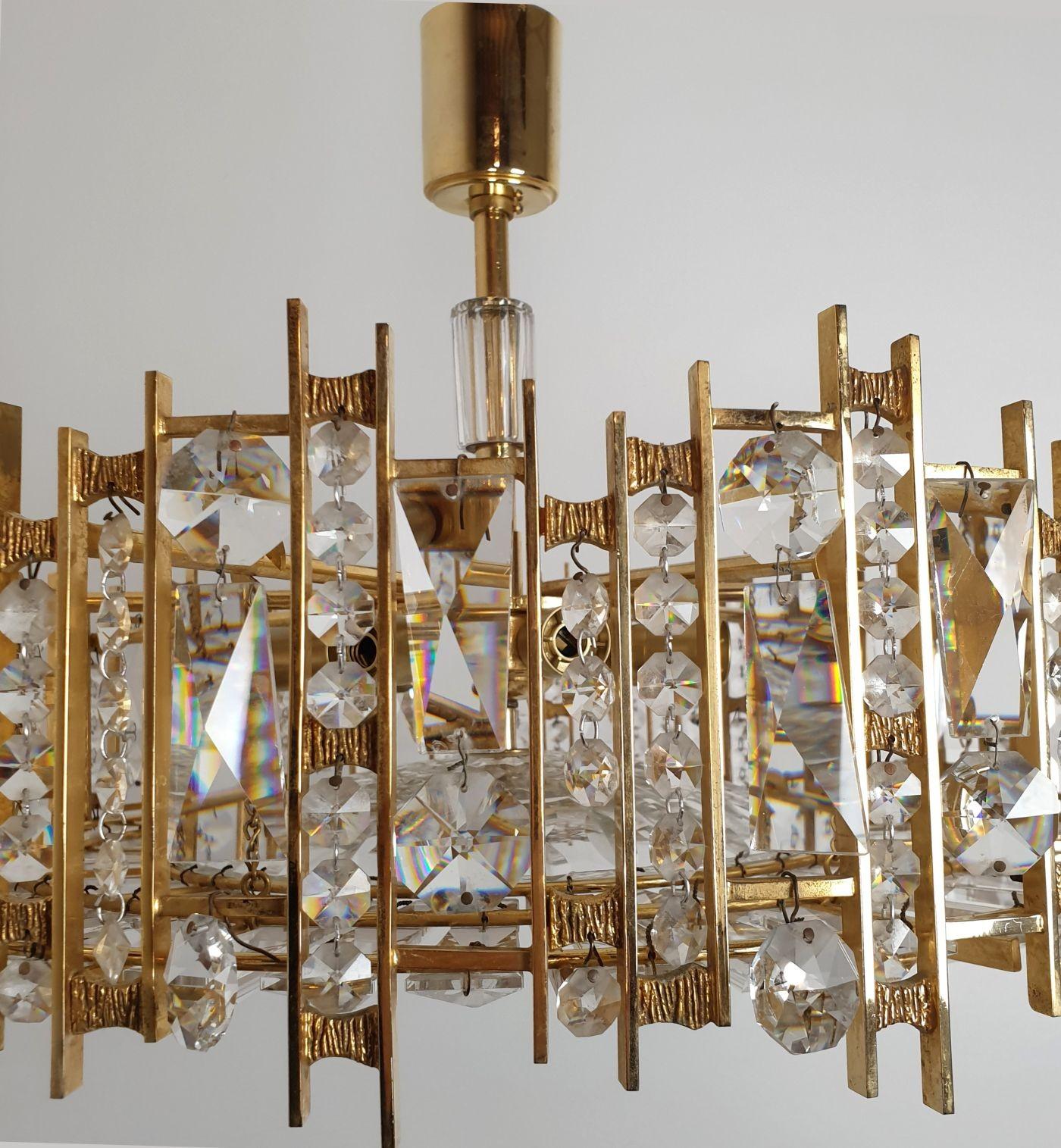 Mid Century Brass Crystals Chandelier, Palwa Style For Sale 1
