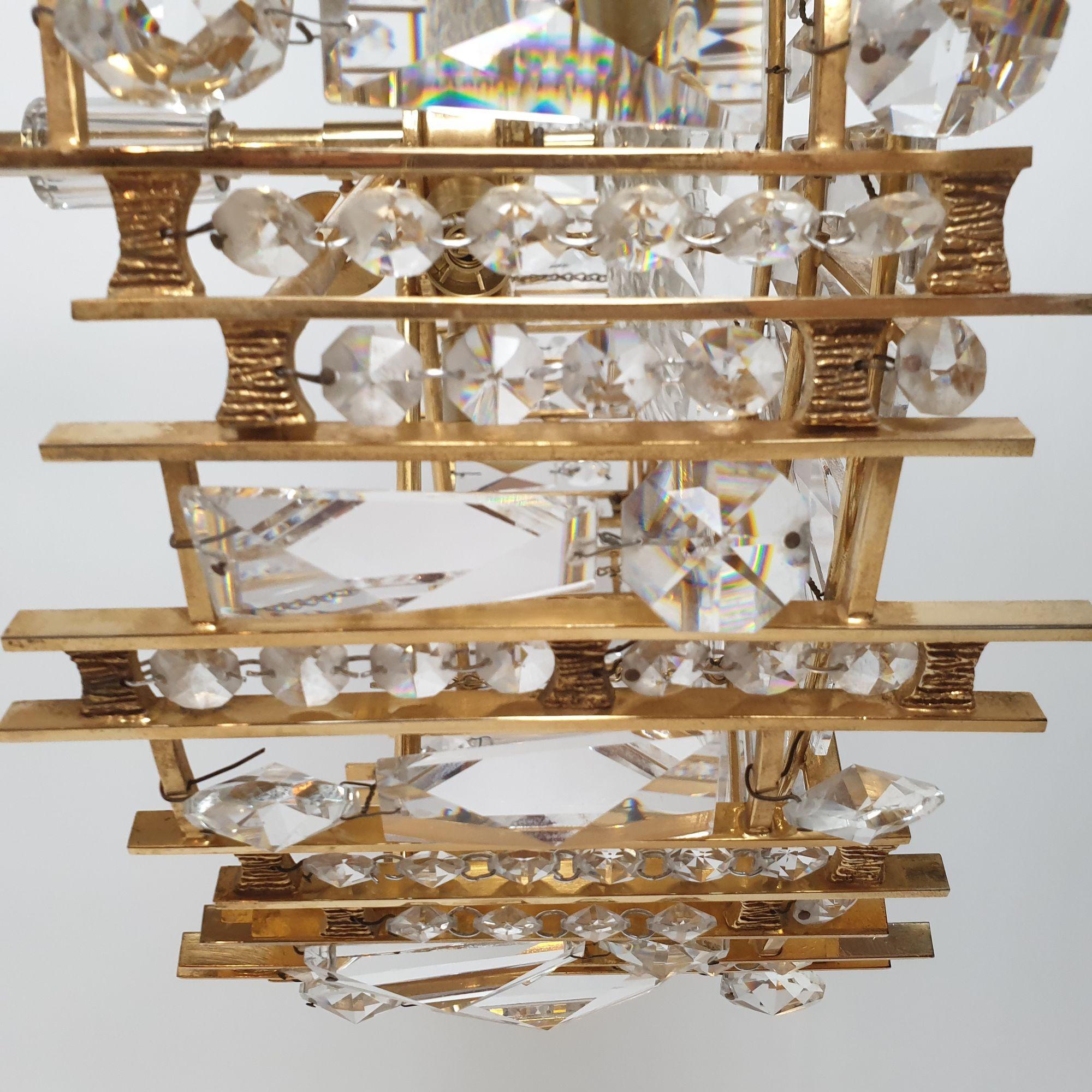 Mid Century Brass Crystals Chandelier, Palwa Style For Sale 2