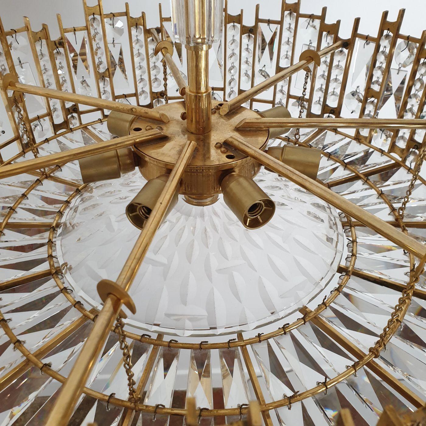 Mid Century Brass Crystals Chandelier, Palwa Style For Sale 3