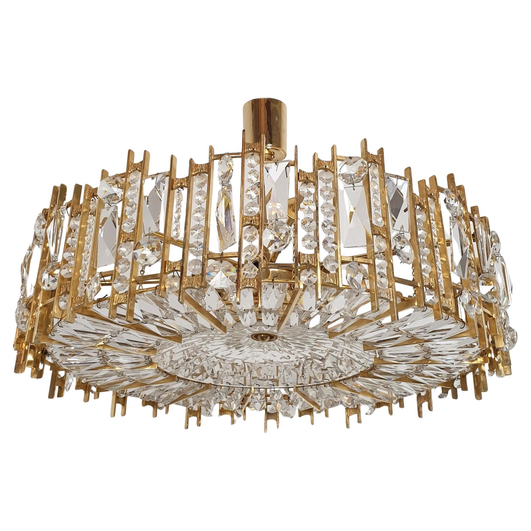 Mid Century Brass Crystals Chandelier, Palwa Style For Sale