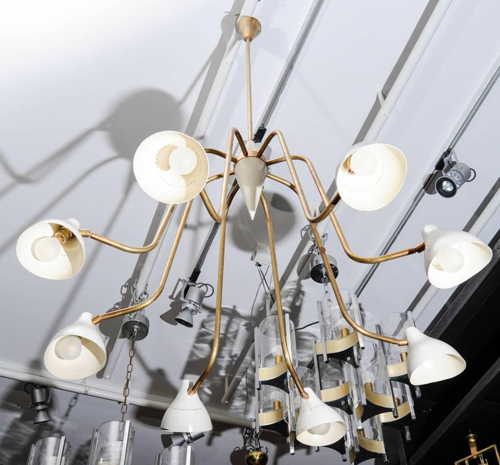 Mid-20th Century Midcentury Brass and Enameled Metal Height Arms Chandelier