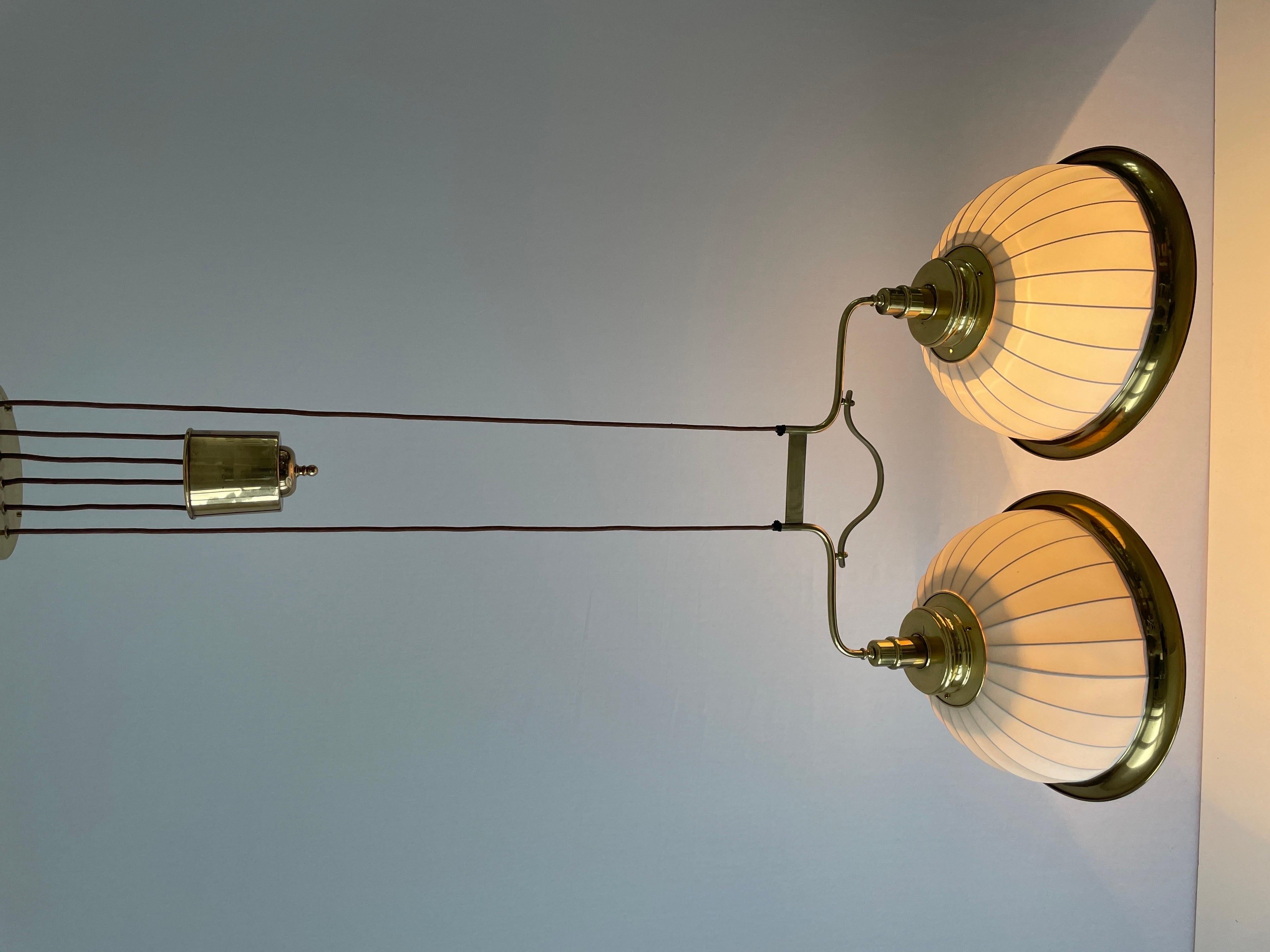 Mid-century Brass and Fabric Twin-shade Ceiling Lamp by WKR, 1960s, Germany For Sale 9
