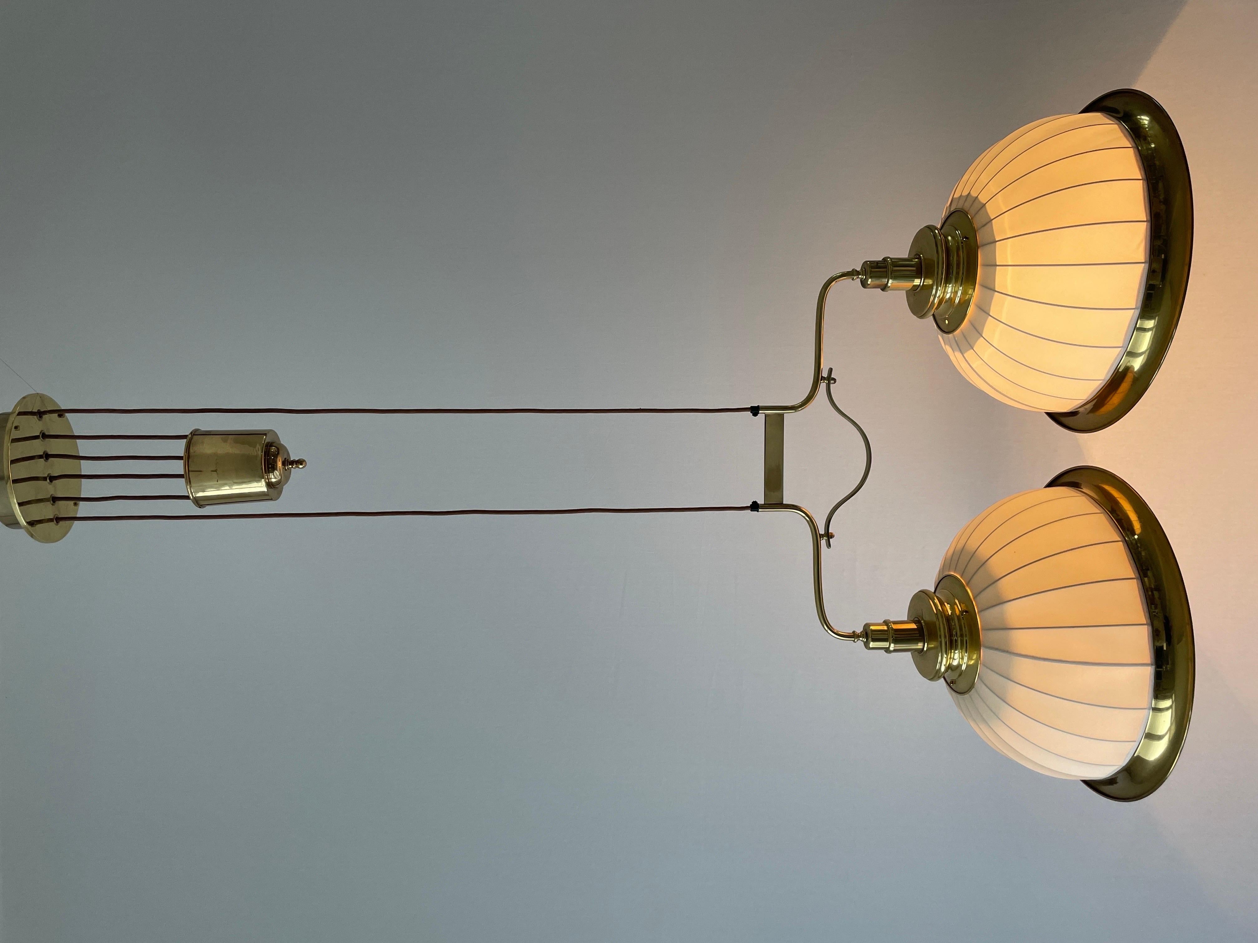 Mid-century Brass and Fabric Twin-shade Ceiling Lamp by WKR, 1960s, Germany For Sale 14